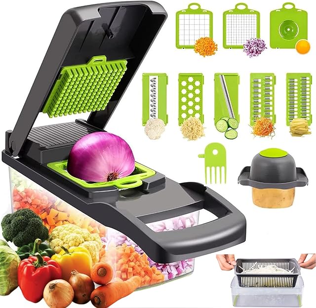 Vegetable Chopper, 12 in 1 Mandoline Slicer Food & Onion Chopper Cuber Cutter Onion Dicer, Veggie Slicer Manual for Garlic, Cabbage, Carrot, Potato, Tomato, Fruit, Salad (Green)