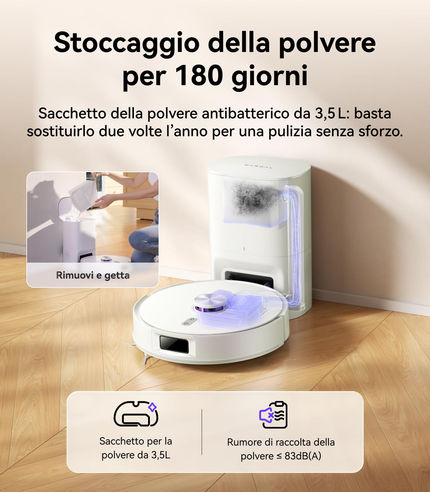 NARWAL Freo S Robot Aspirapolvere Lavapavimenti, 8000Pa, Pulizia Efficace a 8N, Stazione di Svuotamento Automatica da 3.5L, Navigazione Laser LDS e Mappatura 3D, Controllo Remoto via APP