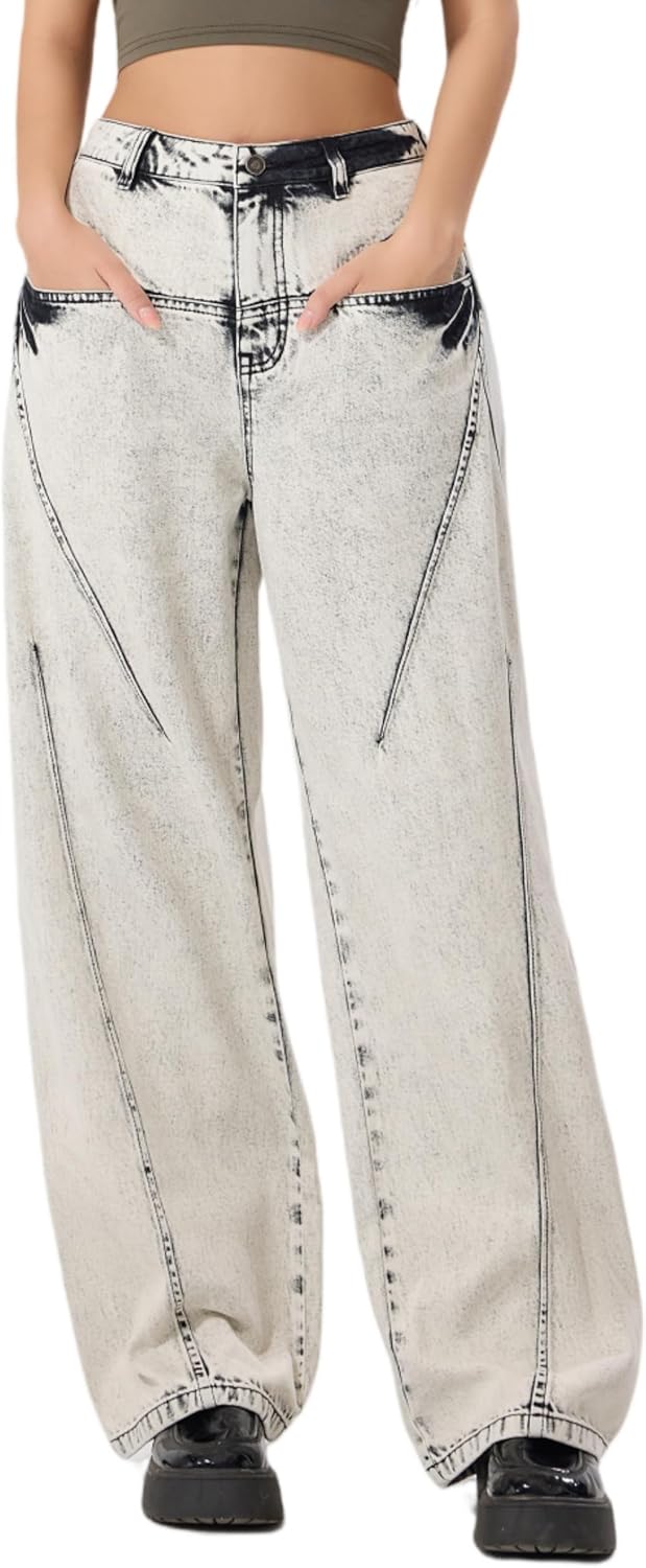 LERK Women High Rise Wide Leg Baggy Jeans with Pockets