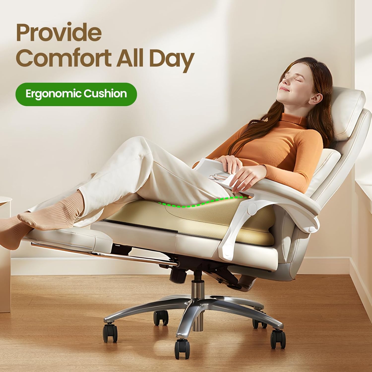 Benazcap Large Seat Cushion for Office Chair Memory Foam Coccyx Pain Relief Cushion Pillow for Back Support Non-Slip Seat Pad for Office Desk, Car Seat, Wheelchair, Sciatica-Beige - Image 2