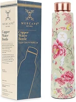 100% Pure Joint Less Copper Bottles for Water with Leak Proof Lid | Ayurveda BPA Free & Non Toxic | Ayurvedic Office | Flower Print Bottle | Hiking Treking Bottle - 900ml