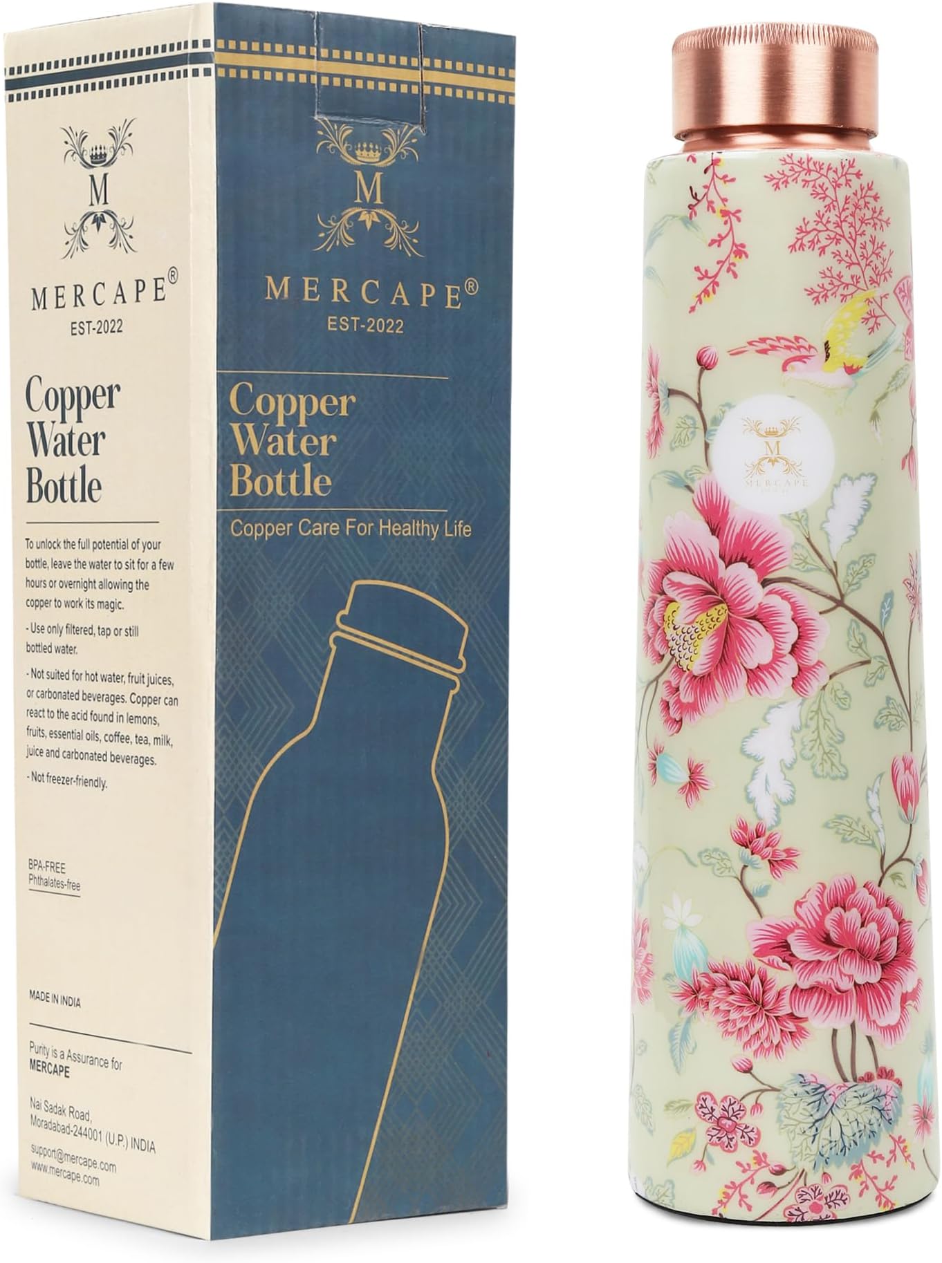 100% Pure Joint Less Copper Bottles for Water with Leak Proof Lid | Ayurveda BPA Free & Non Toxic | Ayurvedic Office | Flower Print Bottle | Hiking Treking Bottle - 900ml