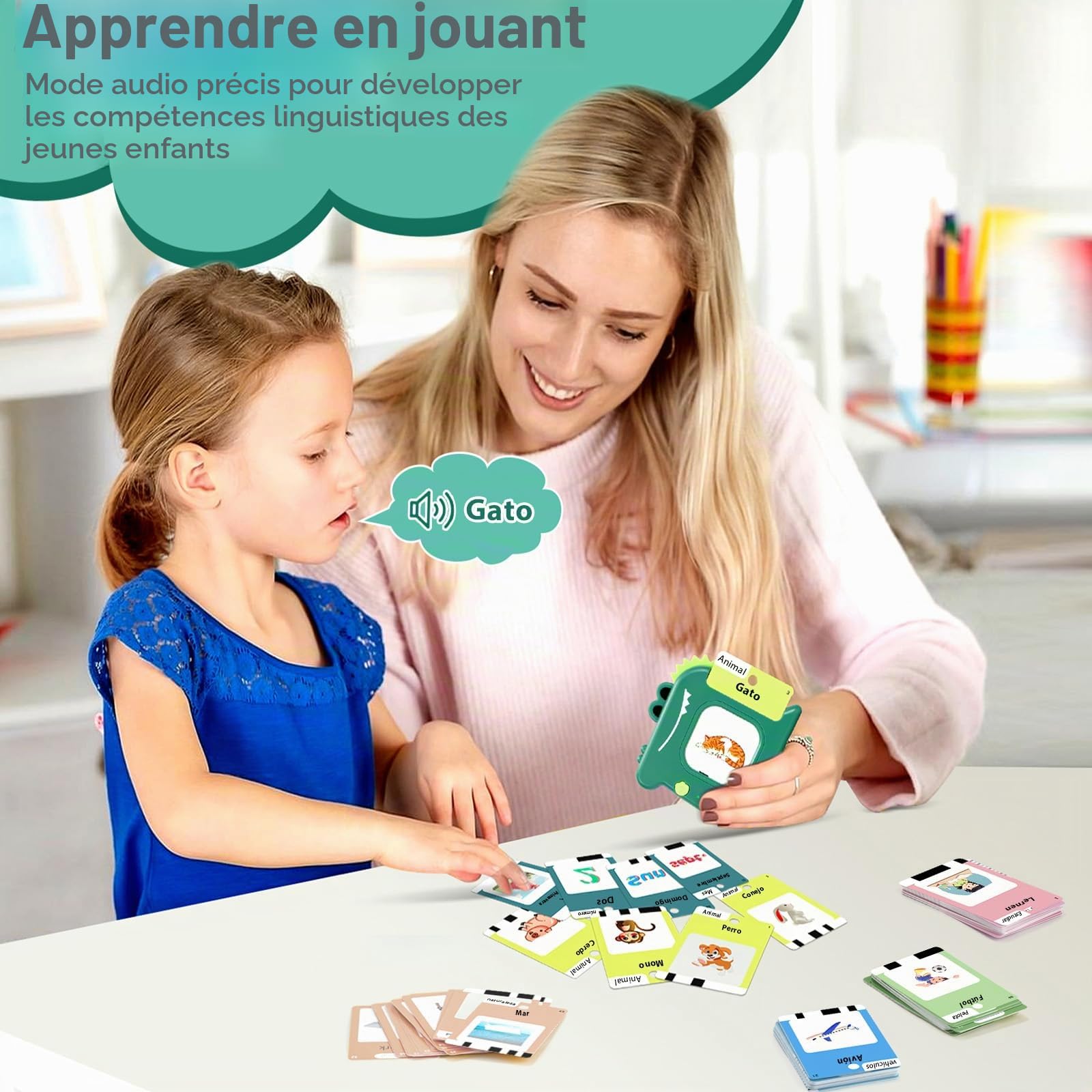 420 Cartes d'apprentissage parlantes Montessori en Espagnol - Set de flashcards avec Fonction sonore, Jouet éducatif, pour l'apprentissage préscolaire. Inclut 10 chansons en français