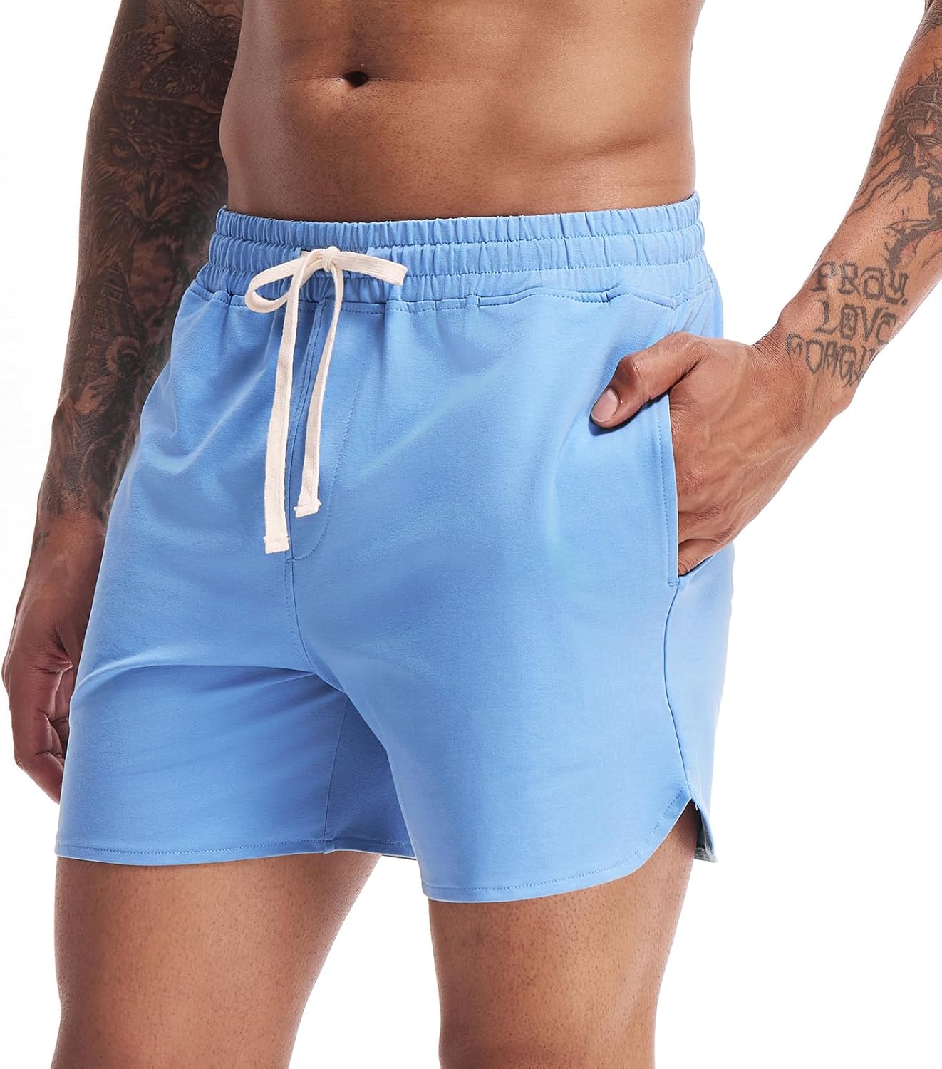 AMY COULEE Mens 5 Inch Workout Shorts with Pockets, Cotton Gym Running Shorts, Split Side Lounge SweatShorts