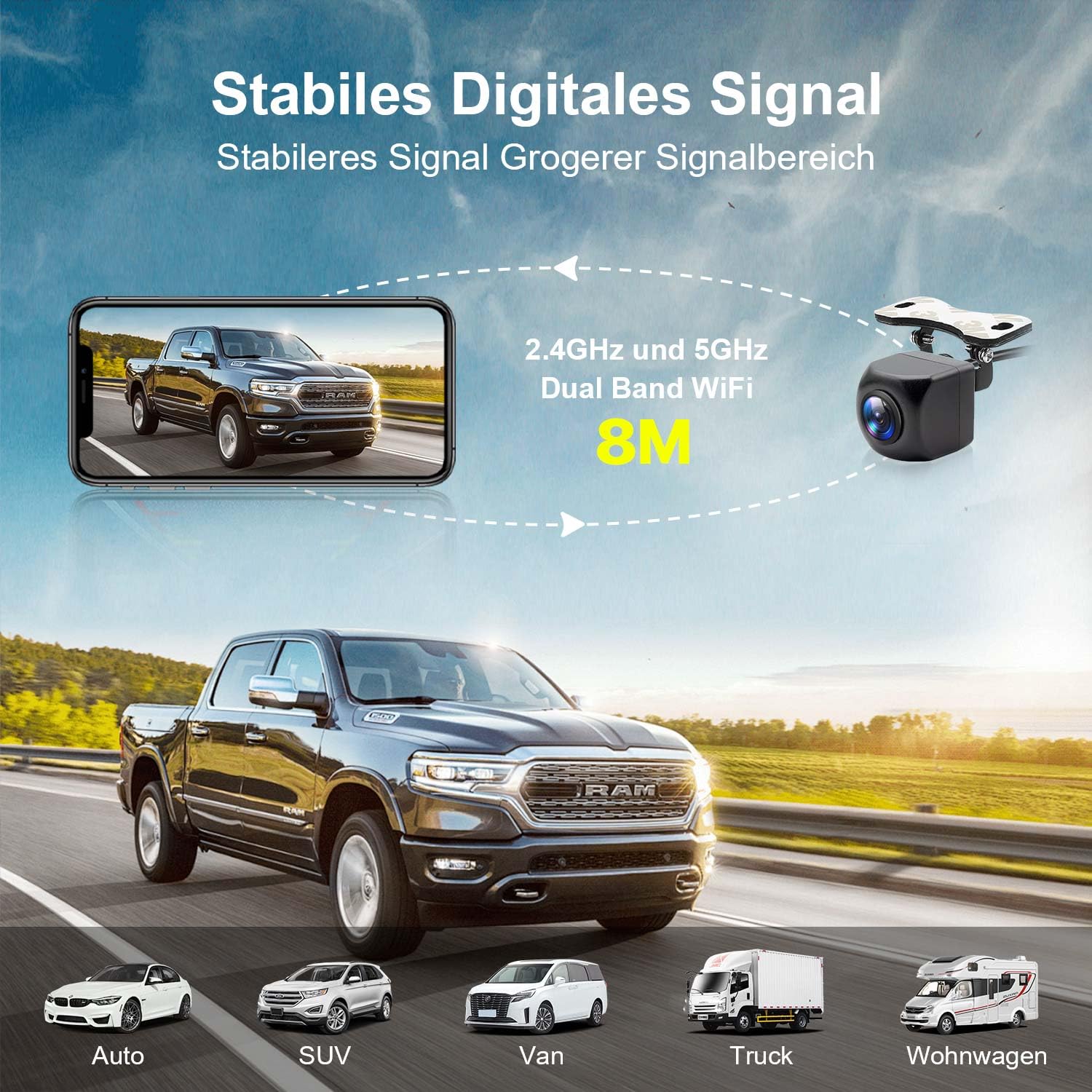 Caméra de recul WiFi, caméra de recul pour Voiture 5G 1080P HD pour iPhone iPad Android Smartphone Tablette avec Angle de Vue Large à 170 degrés