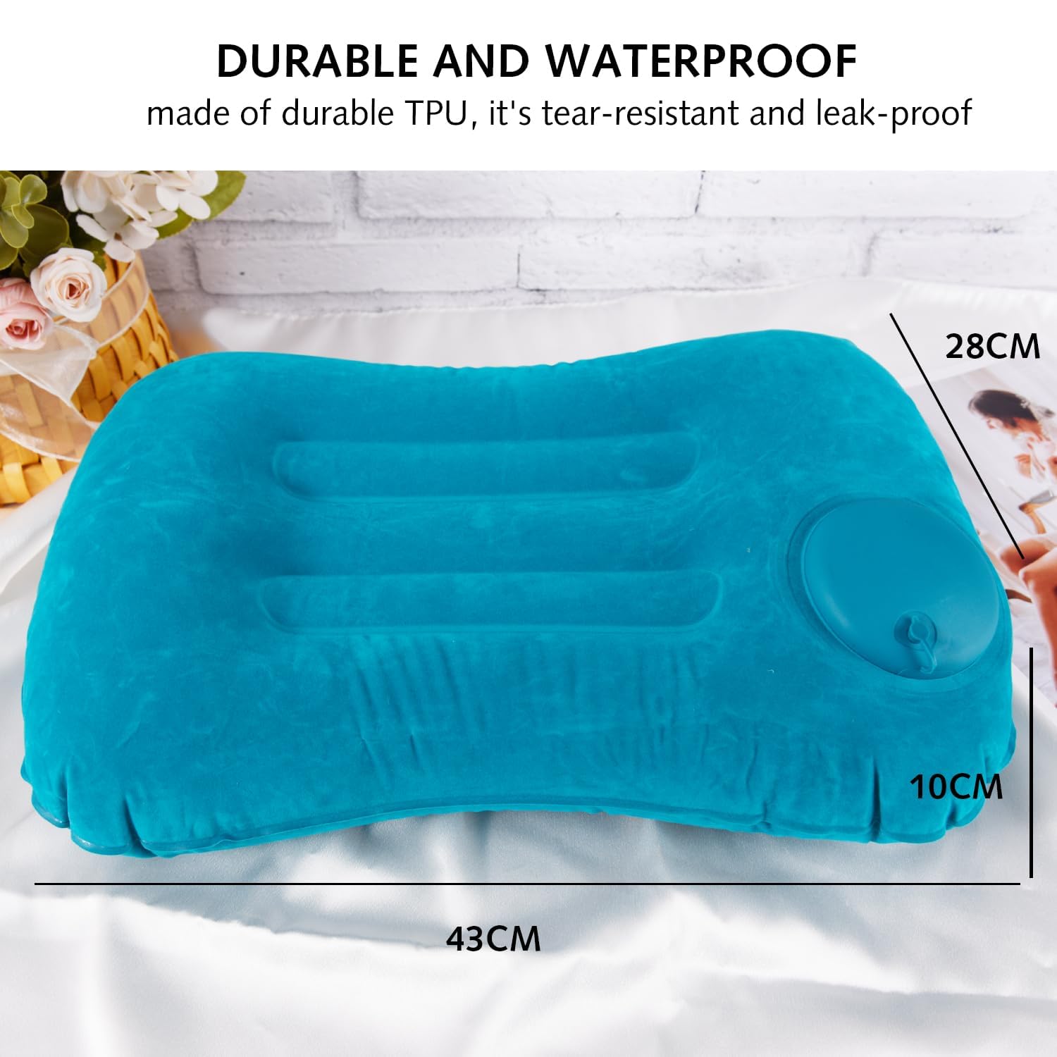 Cojín inflable de camping, almohada de viaje inflable para el cuello, almohada de playa ultraligera con bolsillos de almacenamiento, máscaras para dormir y tapones para los oídos, cojines inflables