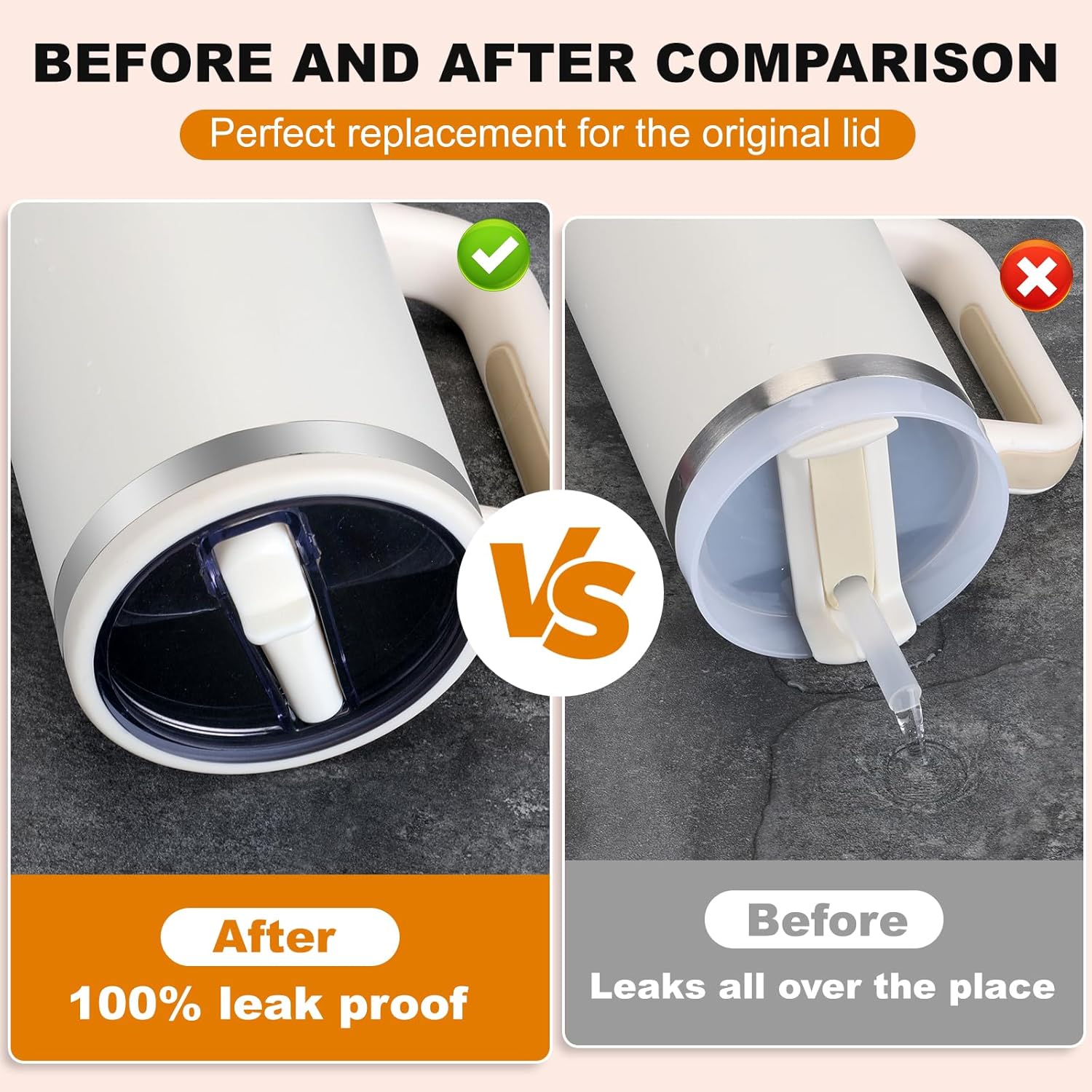 2 Pack 40 oz Tumbler Flip Straw Lid Replacement Compatible for Stanley Quencher, Leak Proof Lid Replacement for 40 oz/64 oz Stanley Quencher H2.0 and ProTour 40oz/64oz Tumbler(Beige & Rose Red) - Image 2