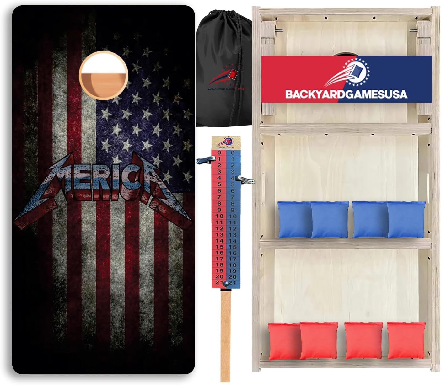 CornholeGamesUSA Pro Cornhole Boards Set | Made in USA | 3/4 Baltic Birch | No Bounce | Triple Thick Legs | Two Brace & Handles, Tournament 2x4 Regulation Set with Score Tower & Cornhole Bags