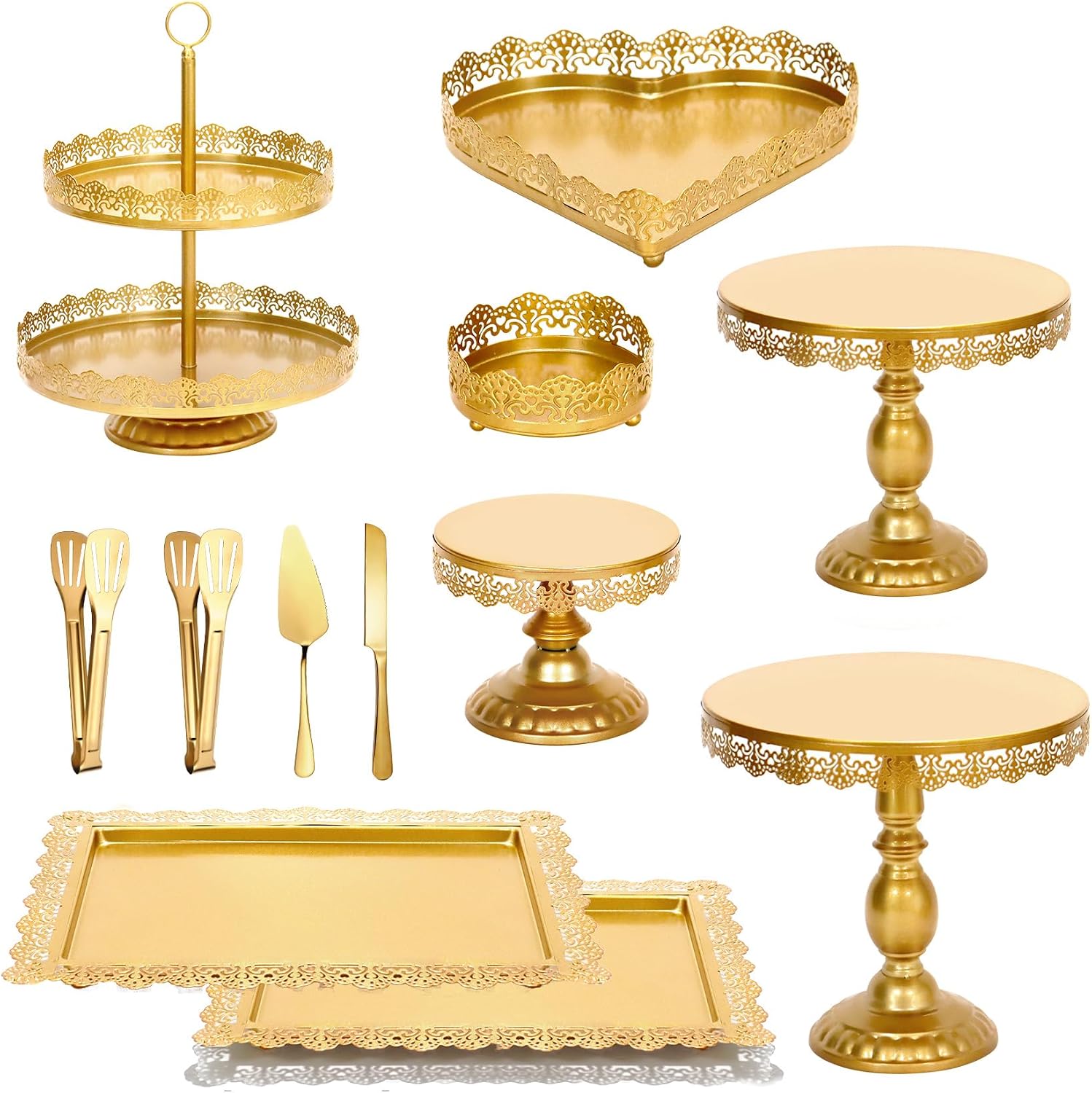 12Pcs Gold Dessert Table Display Set for Wedding Decor, Metal Cake Stand for Party, Cupcake Holder Cake Tower with Server Knife Tongs for Birthday Anniversary
