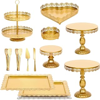 12Pcs Gold Dessert Table Display Set for Wedding Decor, Metal Cake Stand for Party, Cupcake Holder Cake Tower with Server Knife Tongs for Birthday Anniversary