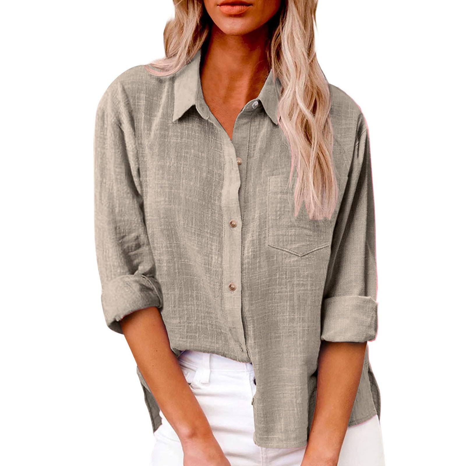 Camisas de gasa de verano de manga larga con botones para mujer, para playa dividida, 2026, a la moda, color sólido, cuello y solapa, ajuste holgado, ropa de lino y algodón, ropa de gran tamaño