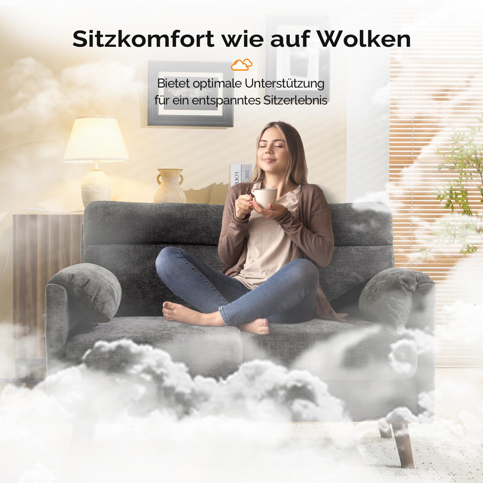 Bonnlo Sofa 2 Sitzer klein, 125cm Couch mini, Kleine Stoffcouch mit weichen Armlehnen, Kleines Sofa für Büro, Wohnzimmer, Schlafzimmer und Arbeitszimmer,Einfache Montage, Leinen (Dunkelgrau)
