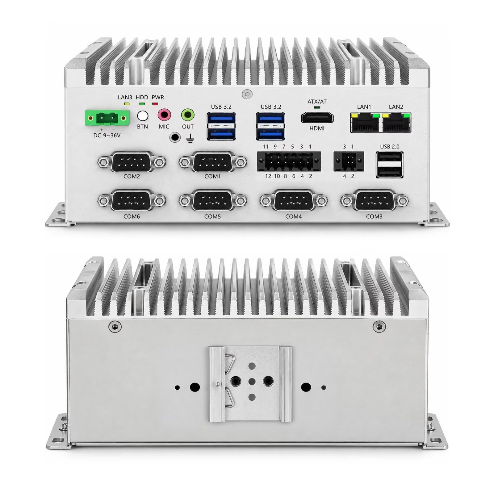 Fanless Hutschienen Industrial Mini PC i5-8265U (4C/8T bis 3,9GHz), 2×i210AT Gigabit LAN Linux Micro Desktop Computer, 16GB DDR4 RAM 512GB SSD, 6×RS232 COM, GPIO, 9–36V Auto Power On
