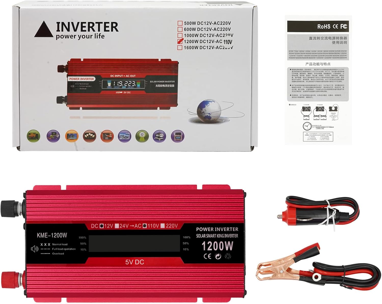 Power Inverter 1200w, Dc 12v to 110v /220v Ac Converter Portable Car Power Inverter with LCD Display Ac Outlets and USB Car Charger for Car Truck RV Home Laptop Truck