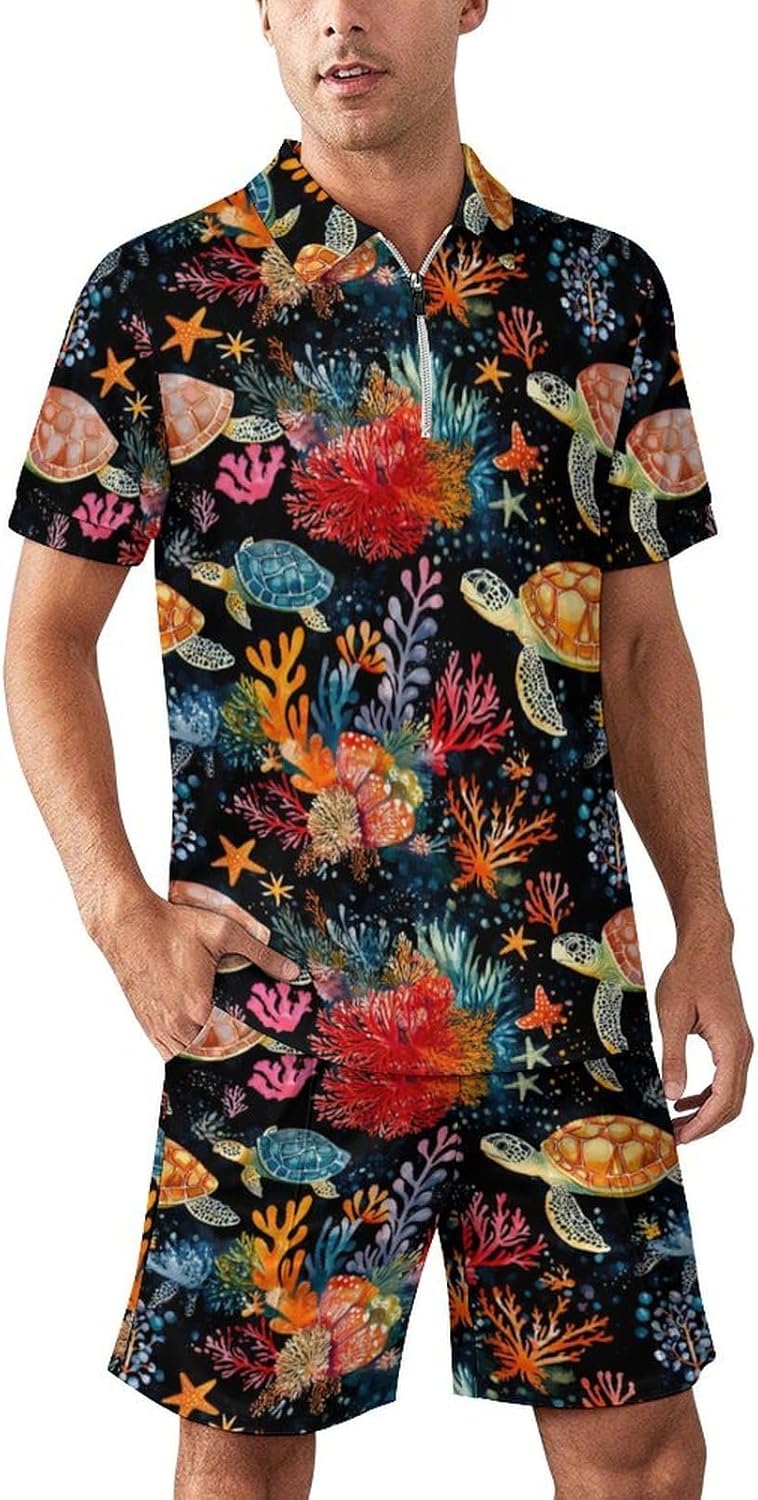 Sea Turtle Ocean Starfish Mens Polo Shirts Track Suits 2 Piece Short Sleeve Sweatsuit 1/4 Zip Golf Loungewear for Sports