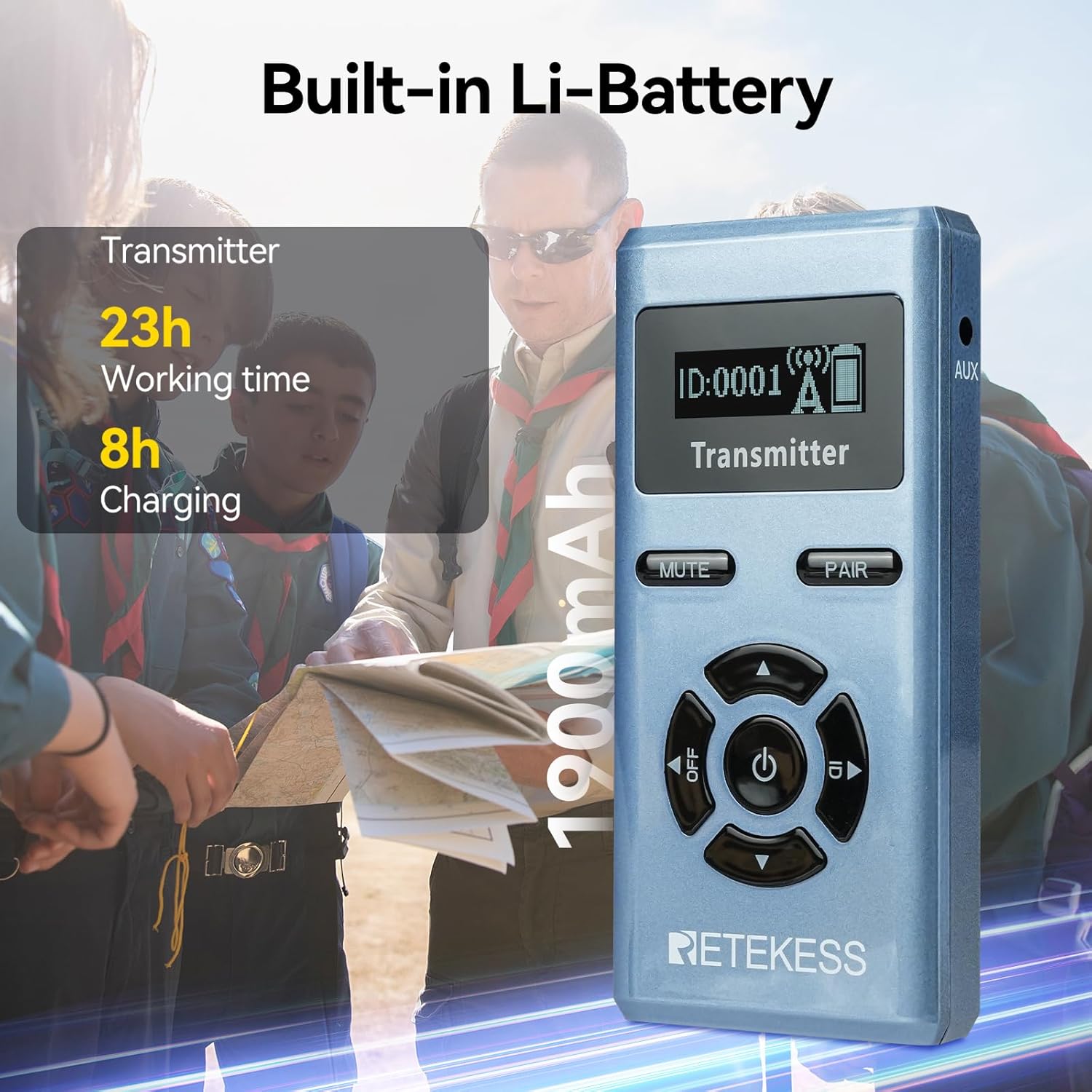 Retekess TT106S Tour Guide Transmitter, Earhook Tour Guide System with Lavalier Microphone, 9999 Channel, AUX Audio Input, Whisper System for Factory, Interpretation, Training, Court (1 Transmitter)