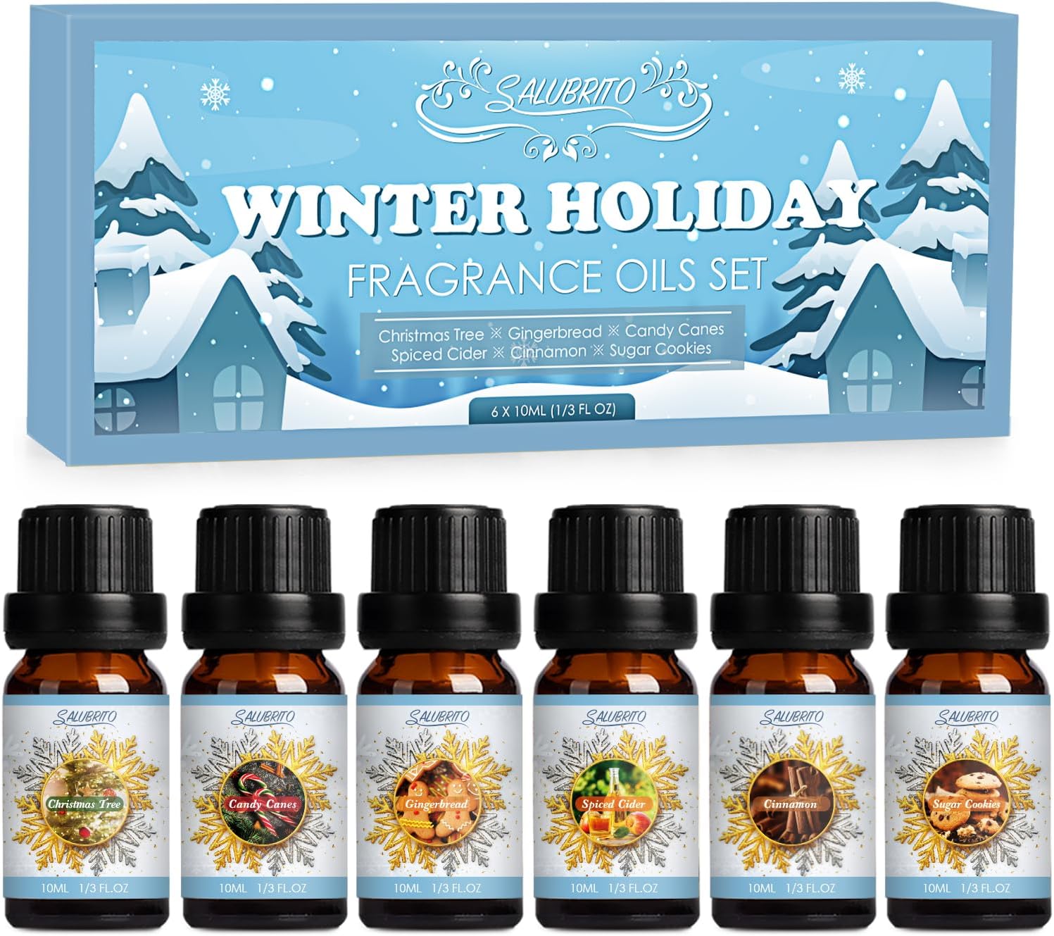 SALUBRITO Winter Essential Oils Set - Christmas Tree, Cinnamon, Gingerbread, Candy Cane, Spiced Cider, Sugar Cookies, Holiday Fragrance Oils for Diffuser, Candle, Soap Making