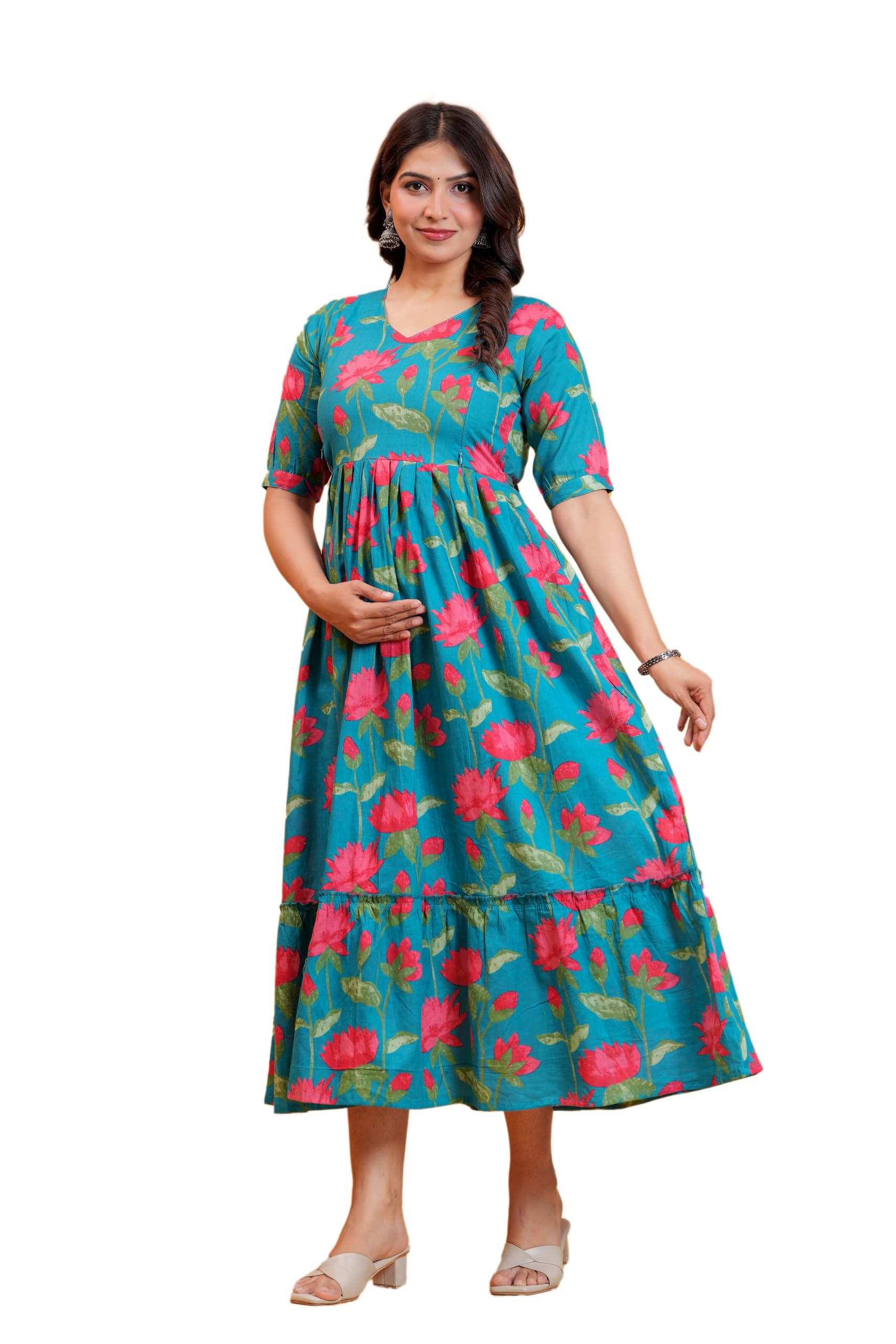 Women's Floral Printed Anarkali Maternity Feeding Gown Cotton Feeding Kurti Stylish&Trendy Maxi Dress - 3/4 Sleeve,Casual Ethnic Nursing for Easy of Movement-image-23