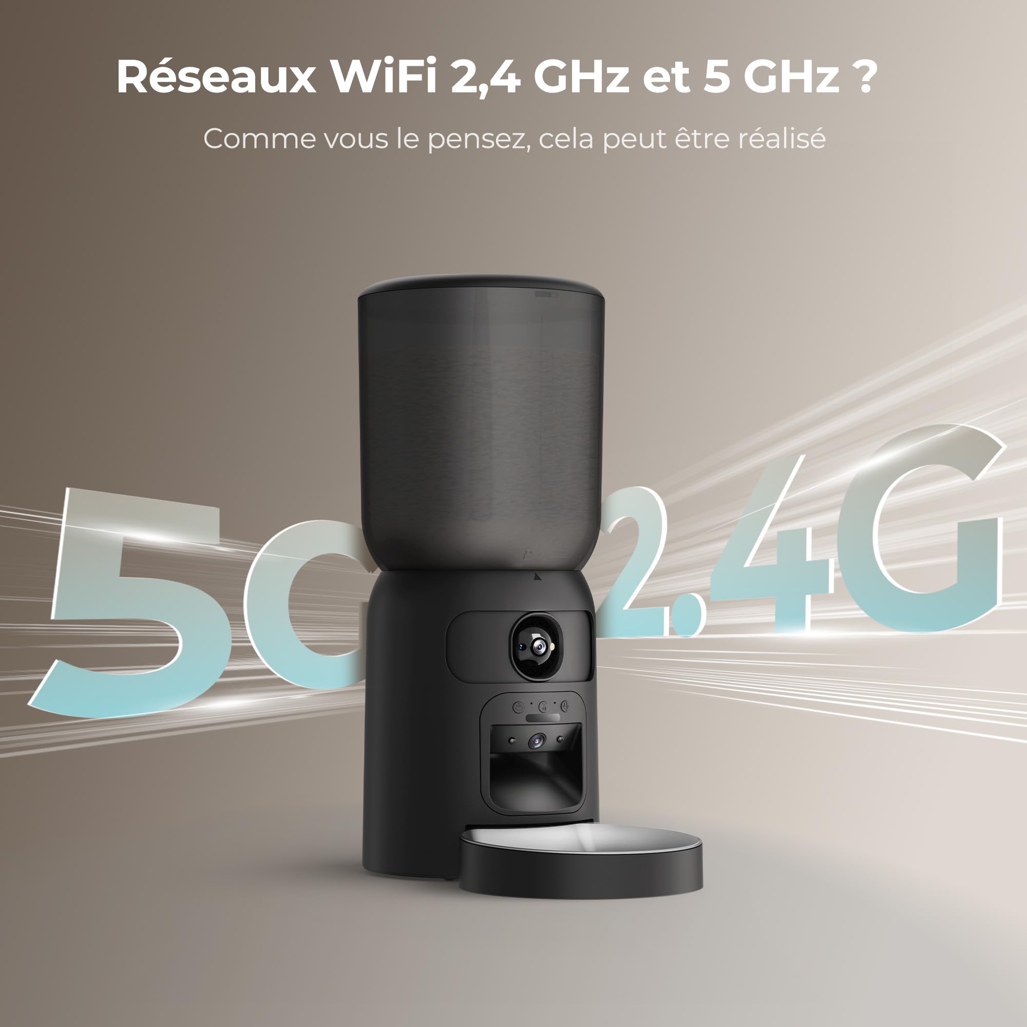 Distributeur Croquettes Chat Automatique, WiFi Caméra, Bol Inoxydable, Programmable & Portionnée, Batterie de Secour - PF4 Noir - Vision Suivi, Mode de Repas Lent