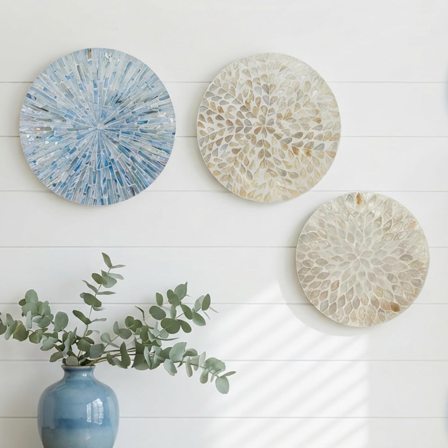 3-Piece Mother of Pearl Wall Decor Set, 11.8 Inches Mother of Pearl Shell Plate Coastal Wall Art Mosaic Wall Sculpture Shell Handmade Hanging Plates Arts for Bedroom Bathroom Home Office Hotel (Blue & Beige)