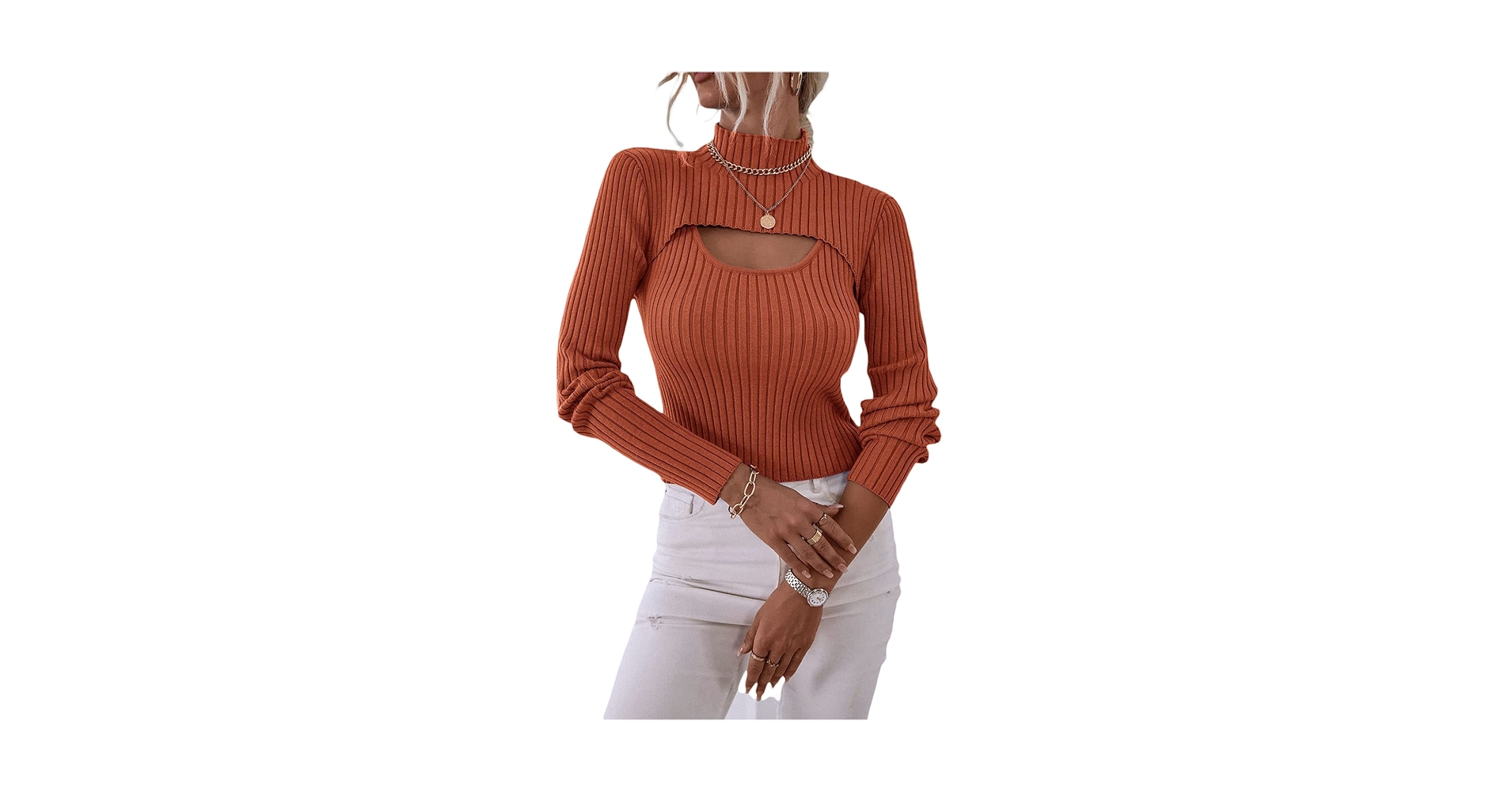 Women 2 Piece Cutout Knit Tops Long Sleeve Mock Neck Front Women 2 Piece Cutout Knit Tops Long Sleeve Mock Neck Front