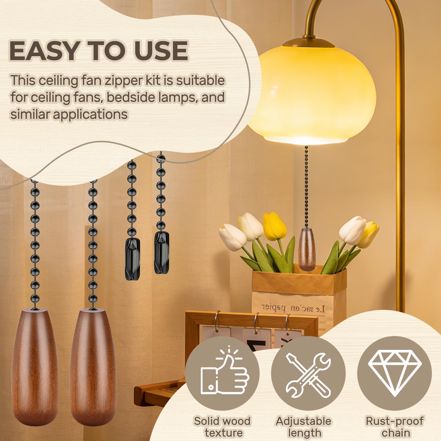 2PCS Ceiling Fan Chain Extenders,12 Inch White Pull Chain Extension,Ceiling Fan Pulls Ornament with Ball,Beaded Ball Fan Chain Connector for Lighting & Fan (White)