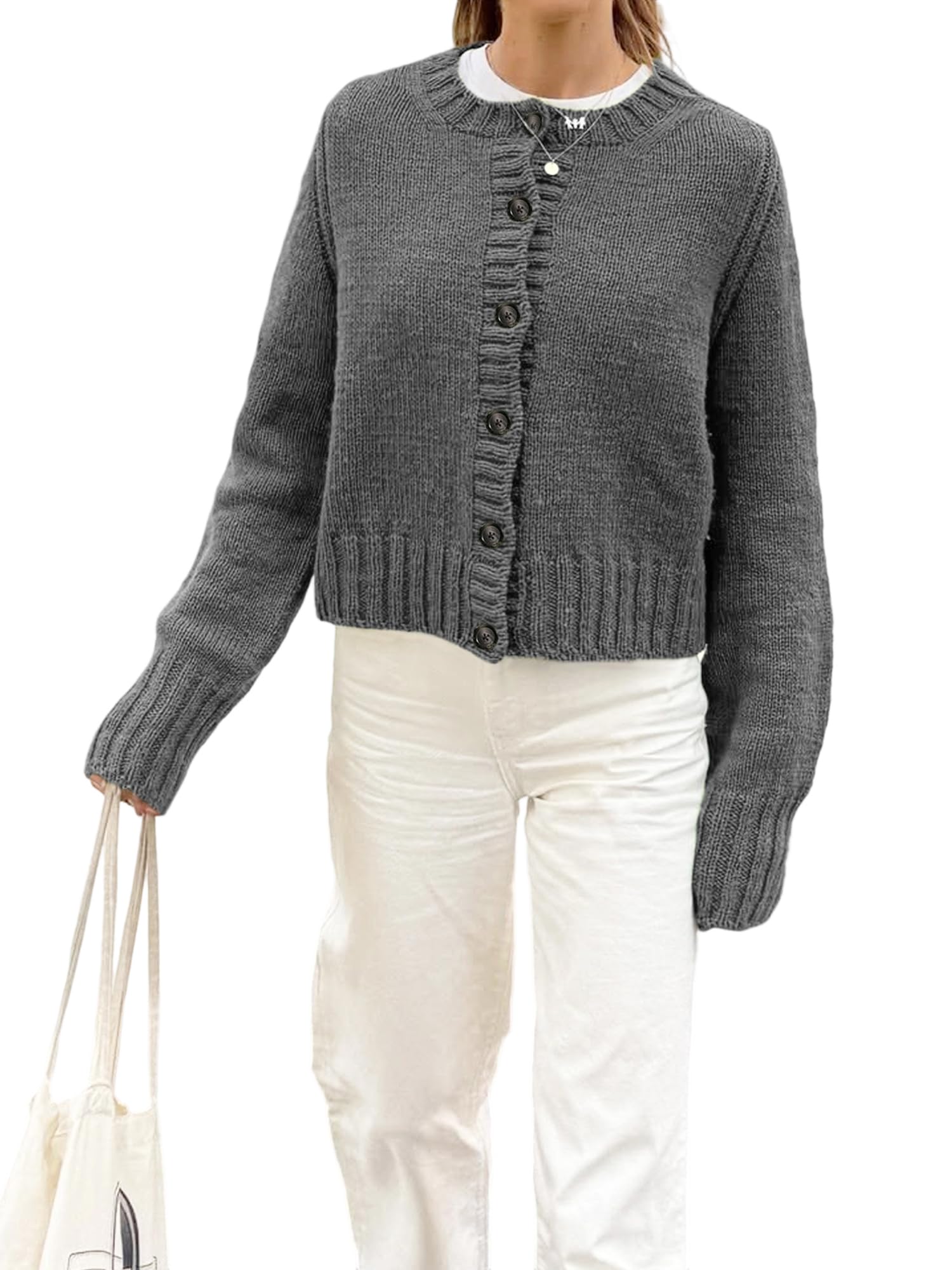 Womens Fall Button Up Cardigan Sweaters Long Sleeve Crew Neck Button Up Lightweight Knitwear