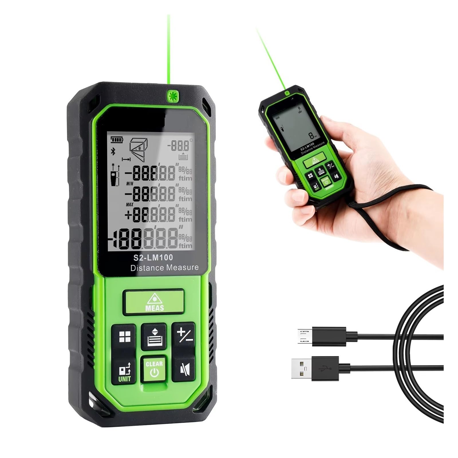 Misuratore Di Distanza Con Raggio Verde Ricaricabile Strumento Misurazione Del Telemetro M/in/Ft Sensore Angolare LCD Precisione Flessibilità Misurazione