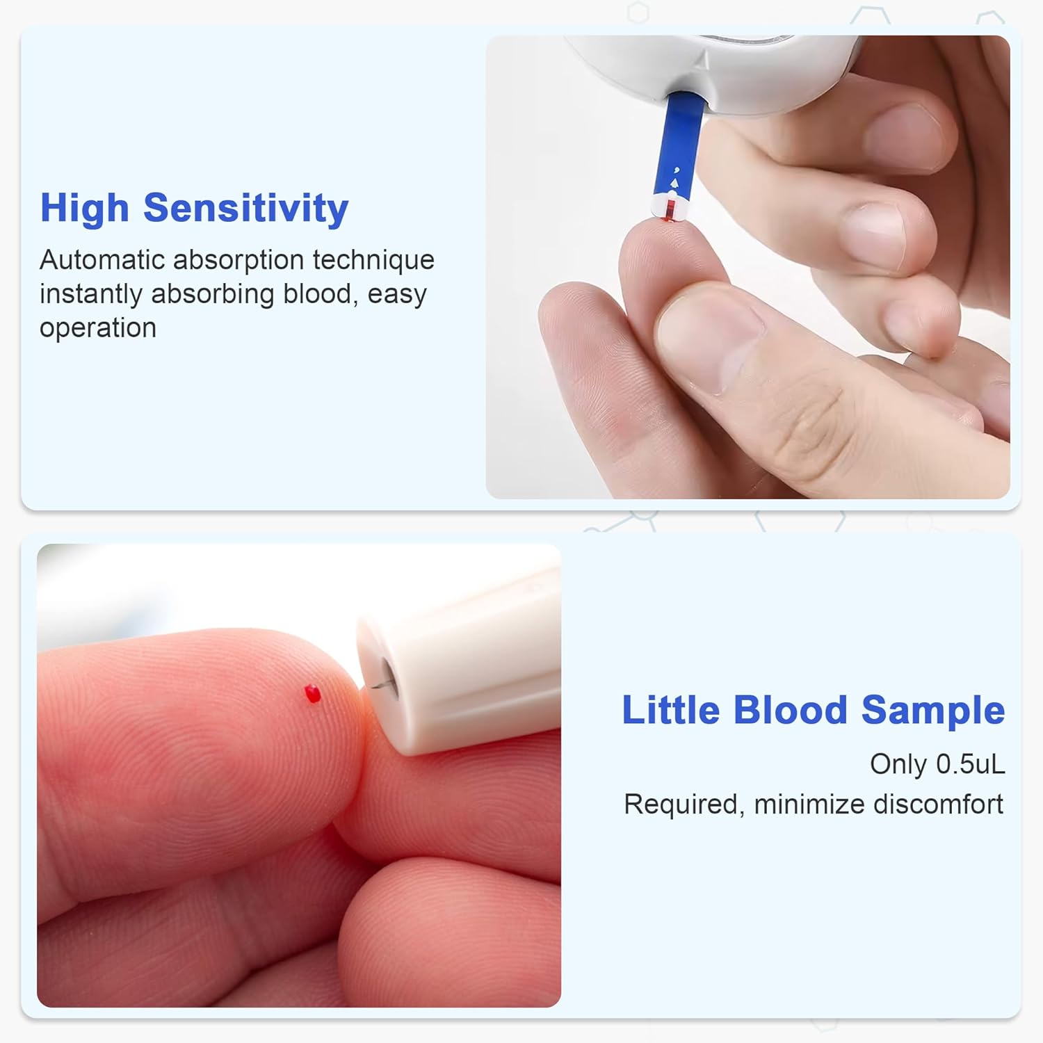 Images demonstrating how to obtain a small blood sample from a fingertip and apply it to the test strip.