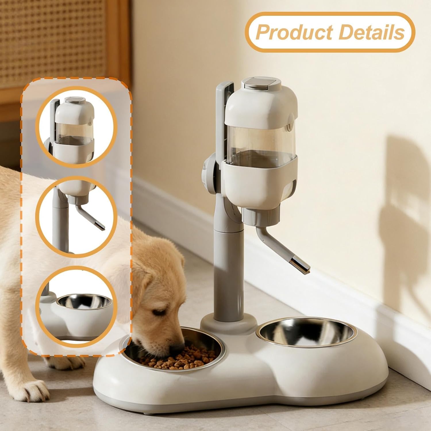 Pet Standing Water Dispenser with Two Steel Bowl Food Container Feeding Station Cat Dog Bowl Pet Feeder Waterer for Hamster, Brown