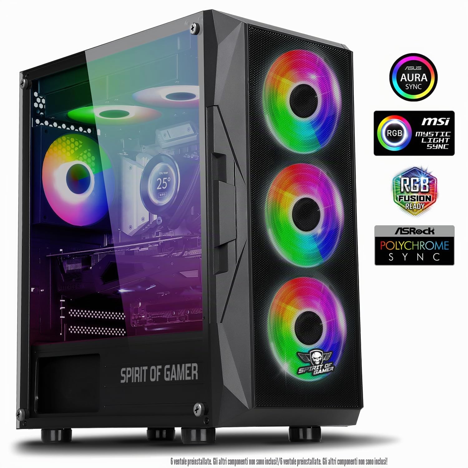 Spirit Of Gamer Chassis di gioco RGB per PC, 6 ventole ARGB incluse, compatibile con mATX, gioco medio vuoto con parete laterale in vetro temperato, ottimizzata per il raffreddamento