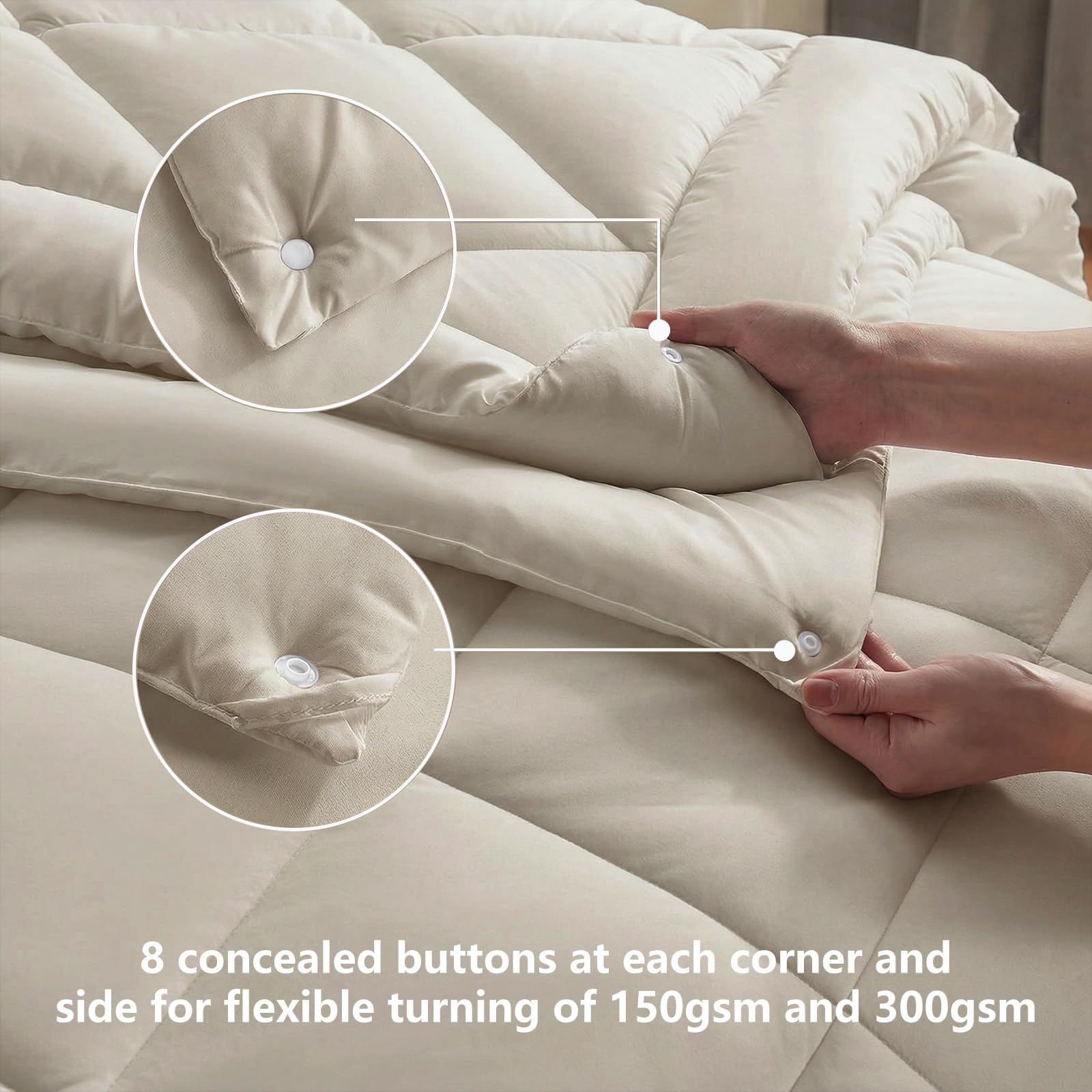 WAVVE Dekbed, 150 cm brede bedden, 4 seizoenen, omkeerbaar, voor tweepersoonsbed, 150 300 g/m², 240 x 220 cm, zachte en mijtwerende vezels, warm en comfortabel, beige