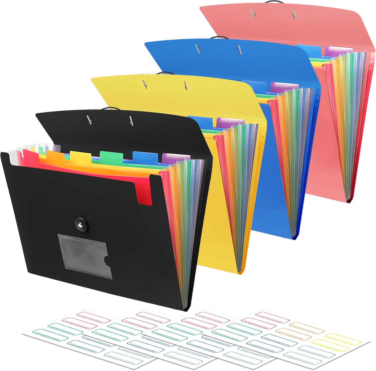 4 Pack 7 Pocket Accordian File Organizer with Labels, Expanding File Folder Plastic Expandable File Folder for Documents Letter Size A4 Papers