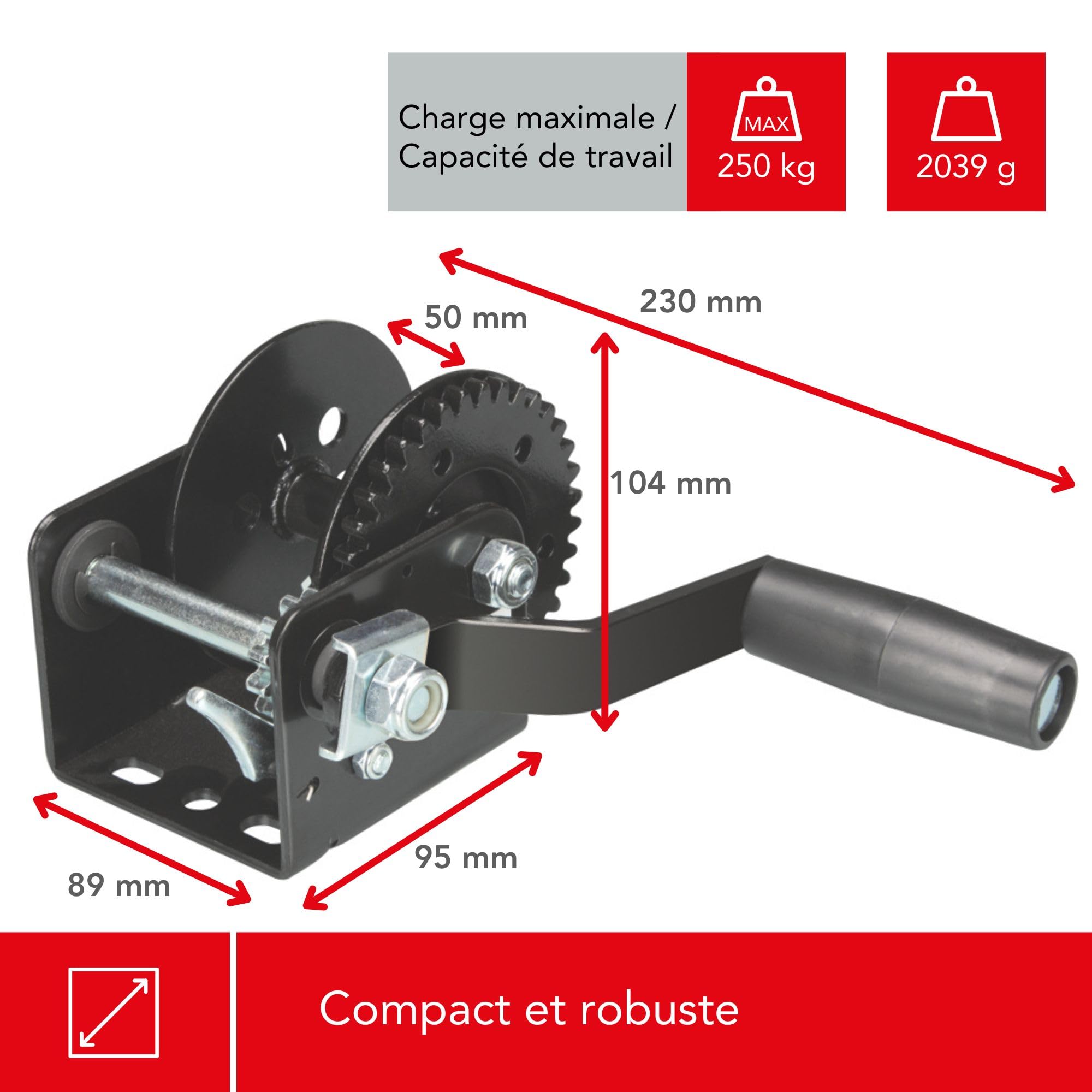 Toolland Treuil manuel 250 kg en acier inoxydable avec cliquet et câble, rapport 3.1:1, treuil de remorque noir avec poignée ergonomique, idéal pour bateau, remorque et levage