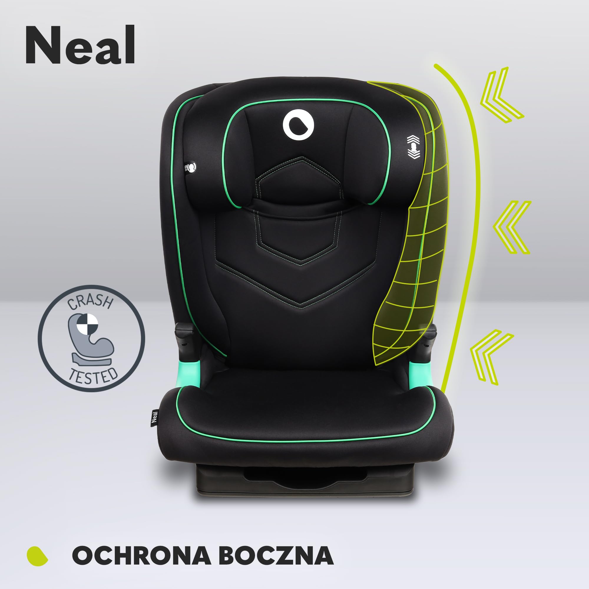 LIONELO Neal fotelik samochodowy do 36kg, zabezpieczenia boczne, Homologacja i-Size, modny design, system montażu ISOFIX, 4-12 rok życia, regulowana wysokość zagłówka, Karta Dziecka (Czarny) | i-Size, 3-stopniowa regulacja oparcia, zagłówek z regulacją wy