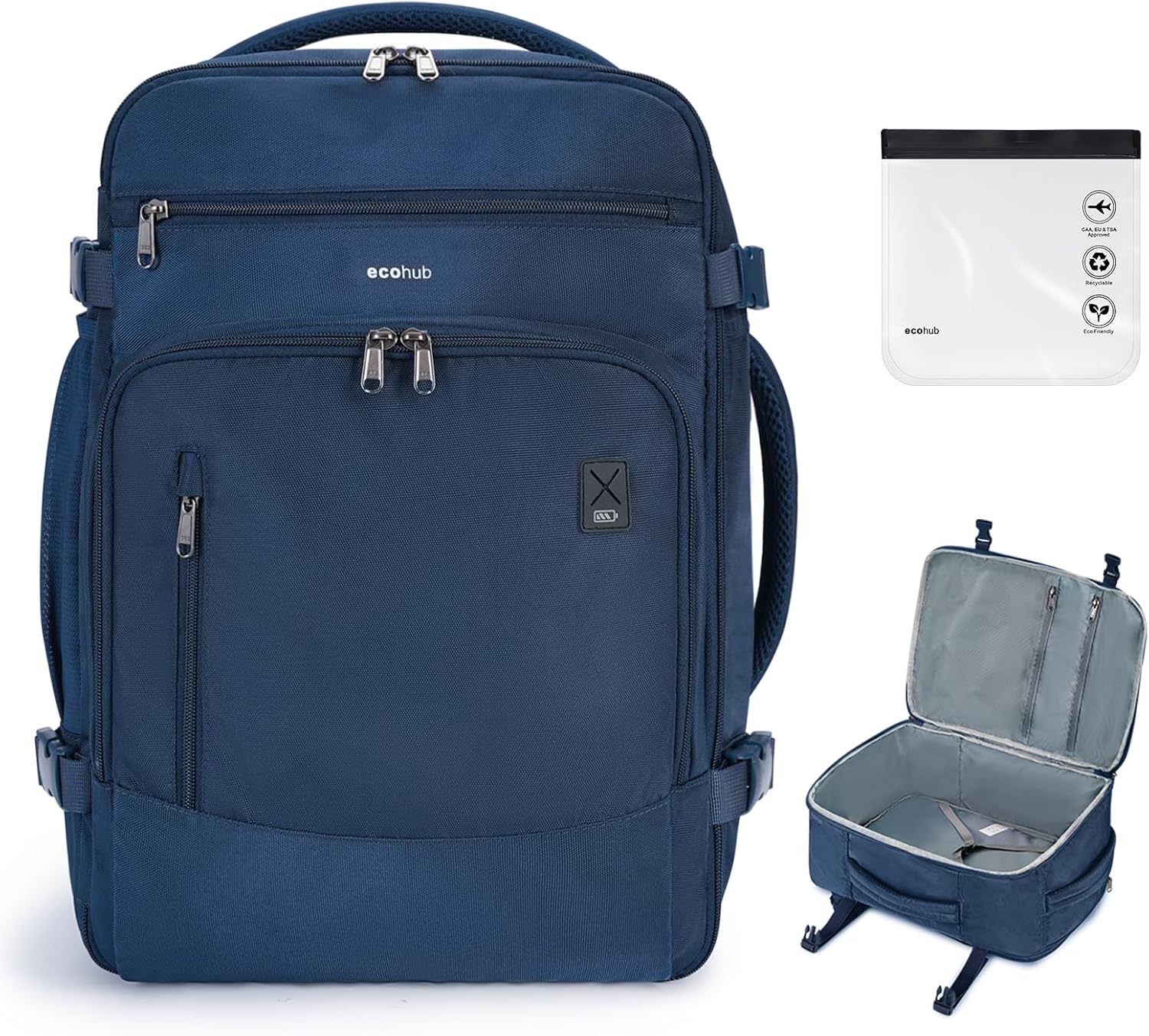 ECOHUB Travel Backpack for Men, 18x14x8 Spirit Airlines Personal Item Bag with Clear Toiletry Bag, Laptop Carry on Backpack with USB Port, Airline Approved Under Seat 14 Pockets 30L, Blue