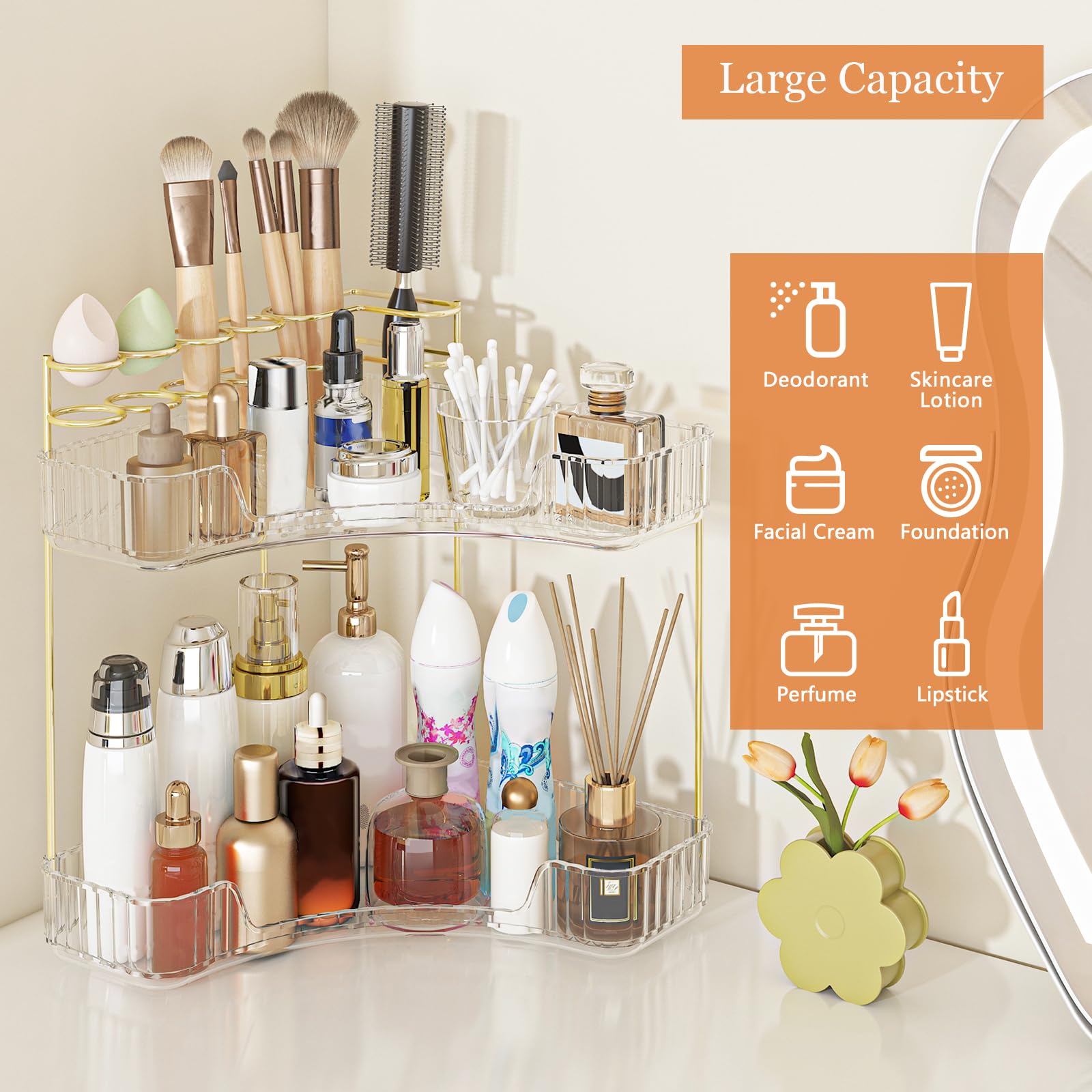 Webetop Eck-Make-up-Organizer für Schminktisch, 2-stöckig, Badezimmer-Kosmetik-Organizer, Arbeitsplatte mit Make-up-Pinselhalter, Eck-Theke, Aufbewahrung, Hautpflege-Organizer für Badezimmer, Kommode,