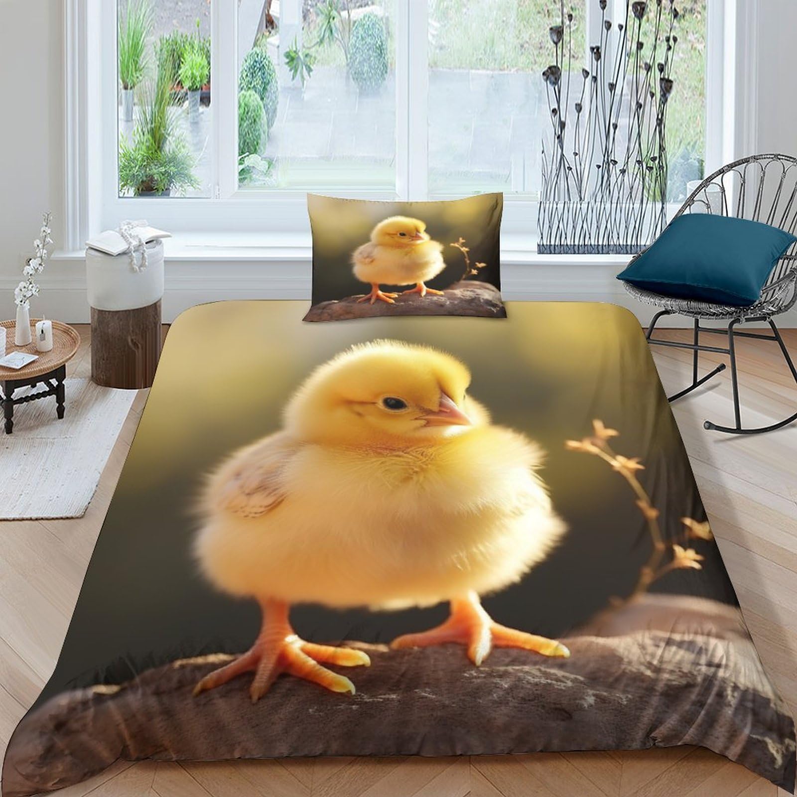 Chicken Baby Bedspread Cover Set with Pillowcases Soft Microfiber 2 Piece Yellow Chicken Duvet Cover Set for Boys Girls Adults Children 3D Printed Design Single（135x200cm）
