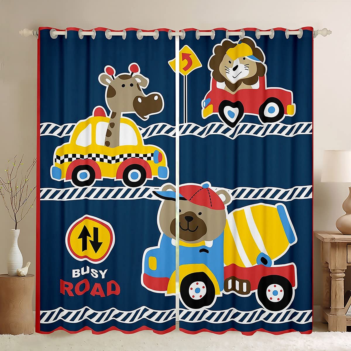 Loussiesd Kids Cartoon Cars Window Curtains for Bedroom Living Room Busy Road Curtains Cute Animal Driver Window Drapes for Boys Girls Children Colorful Toddler Vehicles Window Treatments W46*L54
