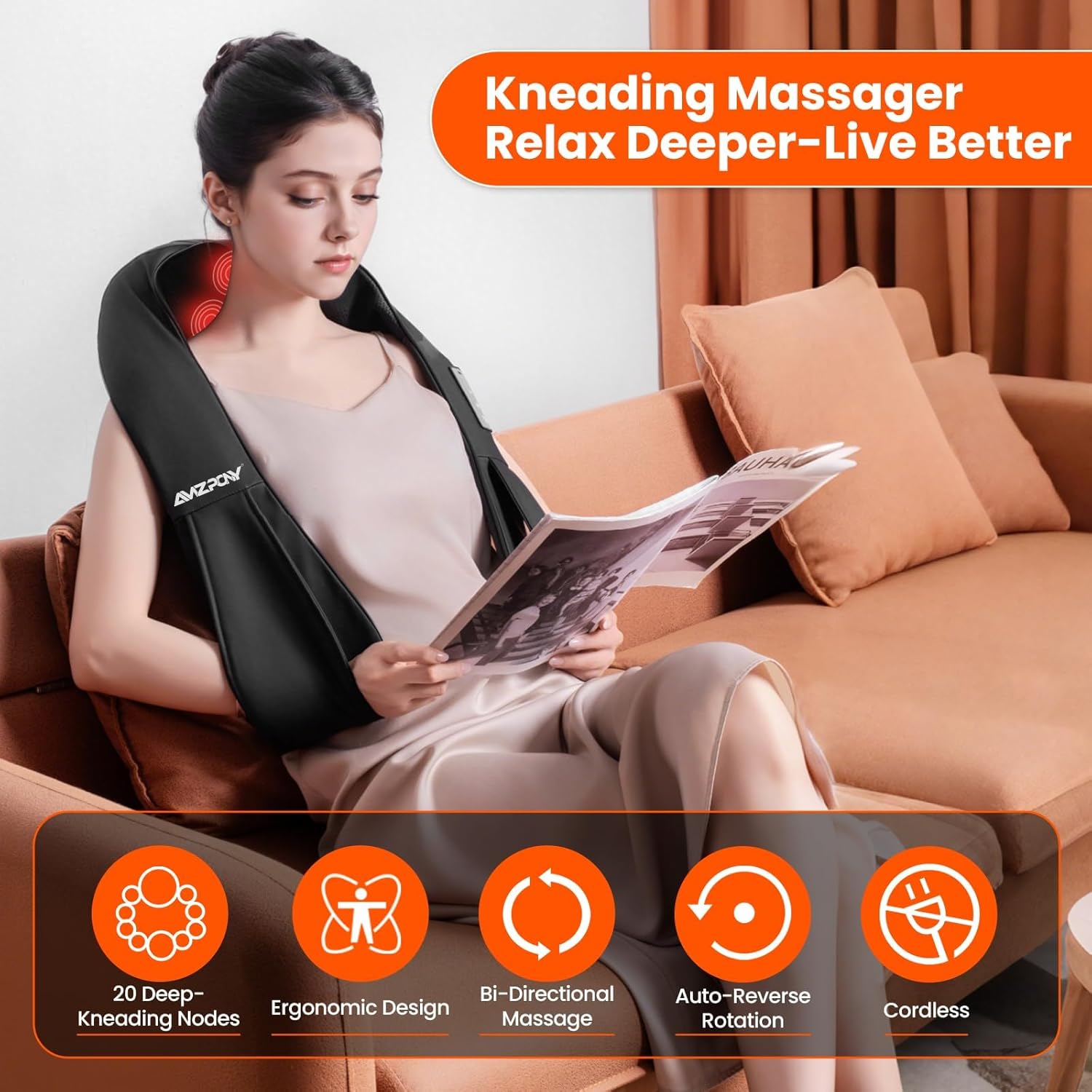AMZPONY® Cordless Neck Massager for Pain Relief Deep Tissue, Rechargeable Shiatsu Neck and Back Massager with Heat Kneading Shoulder Massage for Body Muscle Pain Relief,Gifts for Dad Mom Friends - Image 3