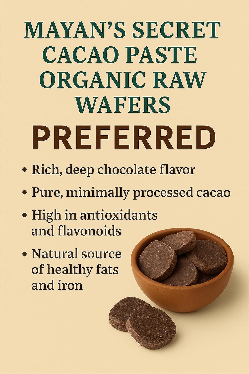 Mayan's Secret - Organic Raw Cacao Paste Wafers – USDA Certified, Non-GMO, Vegan & Gluten-Free – Easy-Melt Wafers for Chocolate Making, Baking & Beverages – Pure Stone-Ground Cacao (1 Pound (Pack of 2))