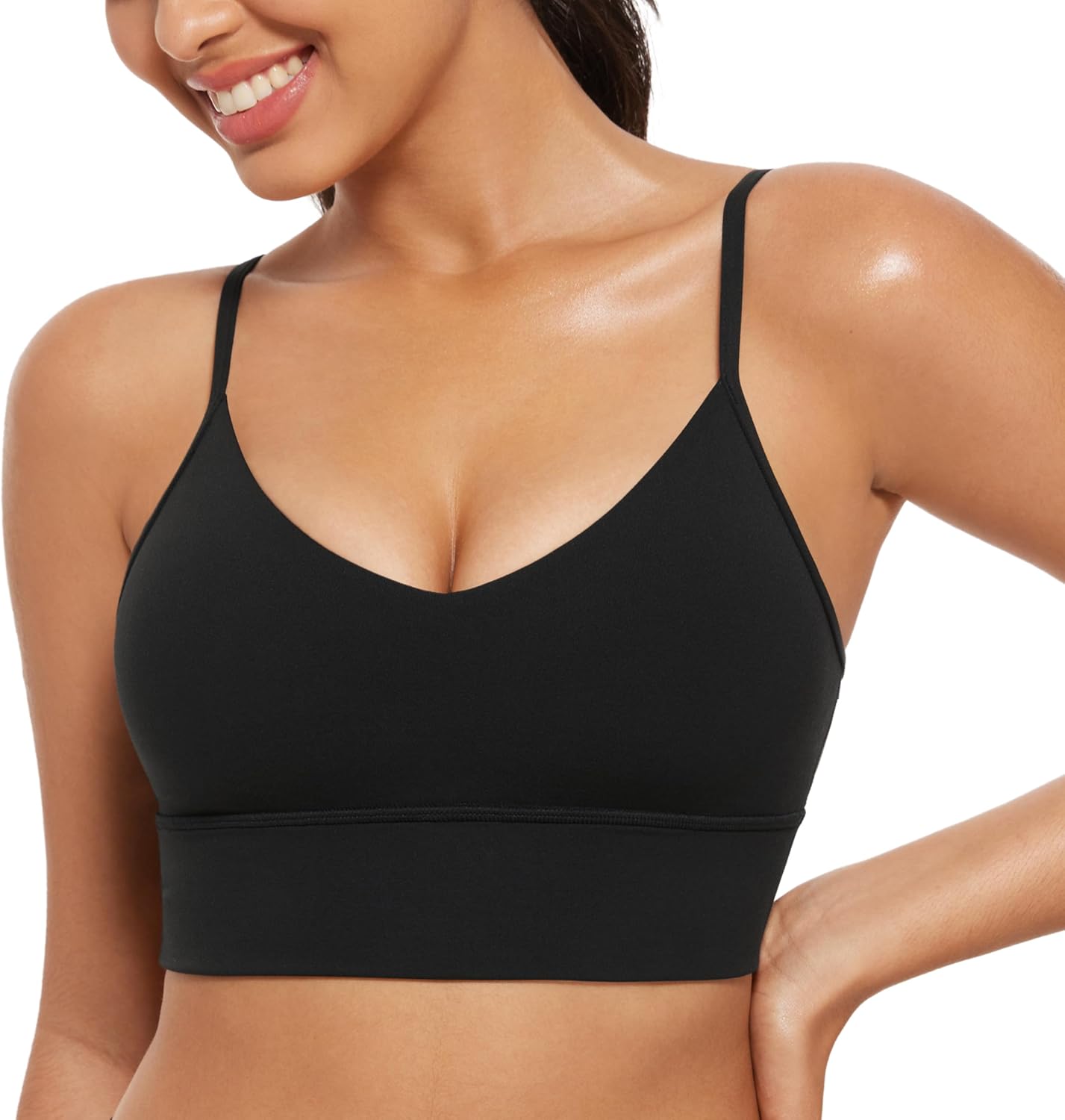 CRZ YOGA Butterluxe Womens V Neck Longline Sports Bra - Adjustable Padded Yoga Camisole Workout Crop Top