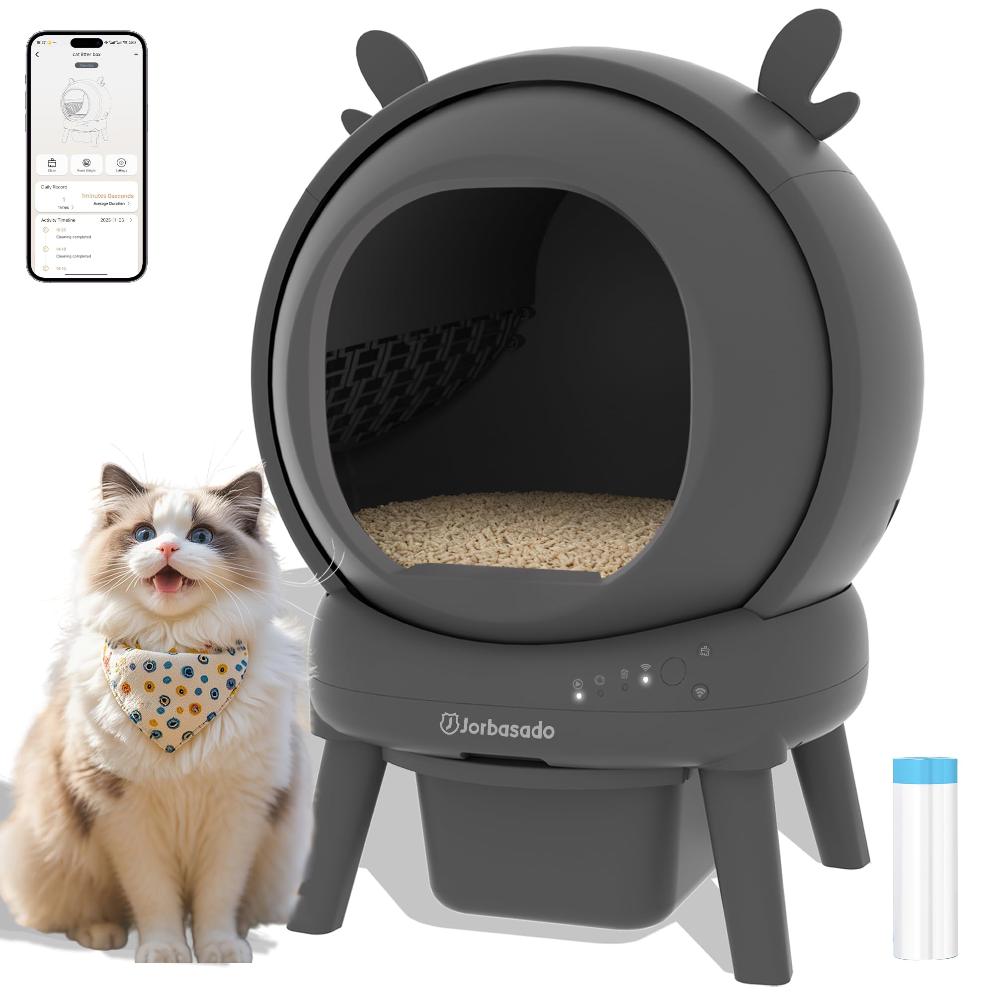 J JORBASADO Self Cleaning Litter Box, Large Capacity Automatic Litter Box Self Cleaning for Multiple Cats with Dual Safety Protection, Odor Control, with Deer Antler Decor