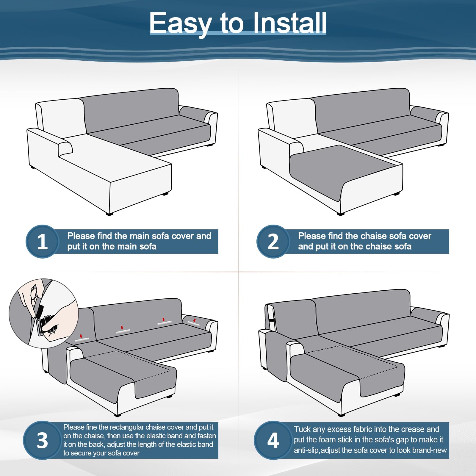 KinCam Sectional Couch Covers 100% Waterproof L Shaped Sofa Covers 3pcs Sofa Slipcovers for Sectional Chaise Slipcover for Pets Kids, X-Large/Light Blue