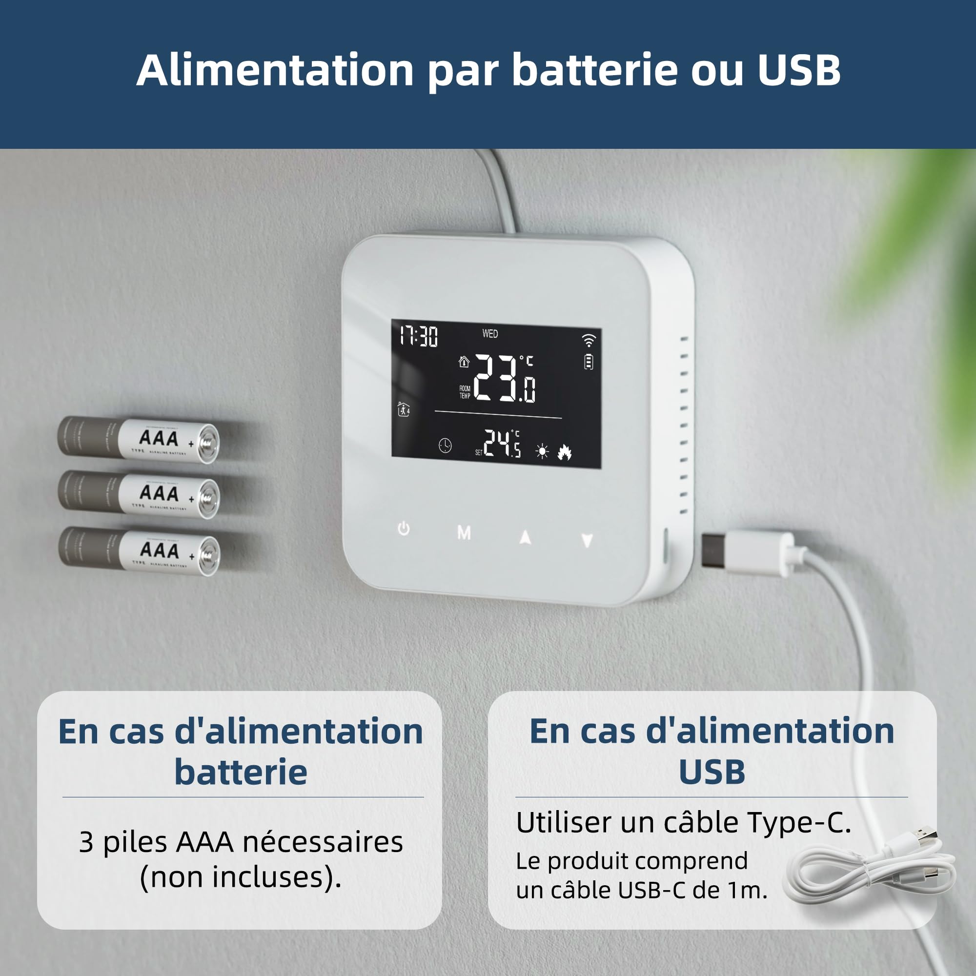 Beok Thermostat à Piles pour chaudière à gaz,Thermostat Mural à 2 Fils,Thermostats à Programmation Quotidienne,Thermostats d'ambiance,Alimentation par Batterie ou USB(Pile Non Incluse)