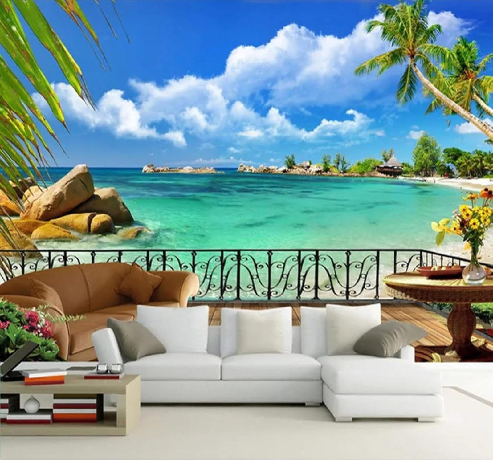 XLMING Fresh Summer Beach Terrace Landscape 3D Wallpaper Luxury Home Dining Decor Paste Sofa Living Room The Wall for Bedroom Mural-430cm×300cm