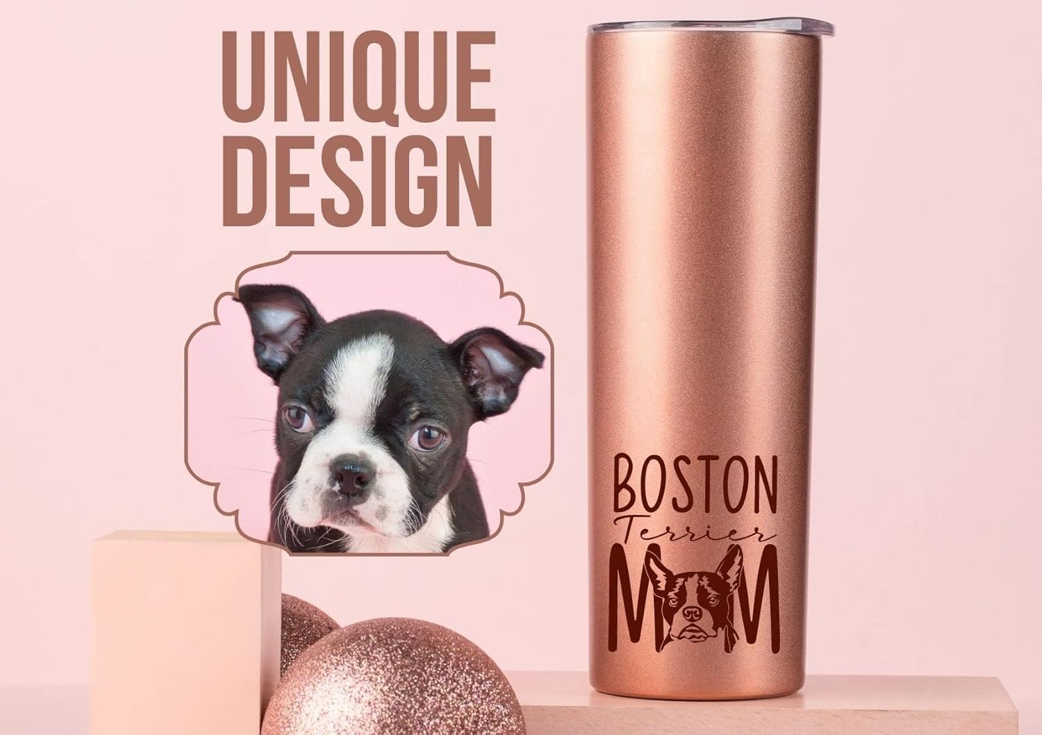 Onebttl Boston Terrier Gifts for Women, Dog Mom, Boston Terrier Mom, Stainless Steel Tumbler 20oz Rose Gold - Image 2