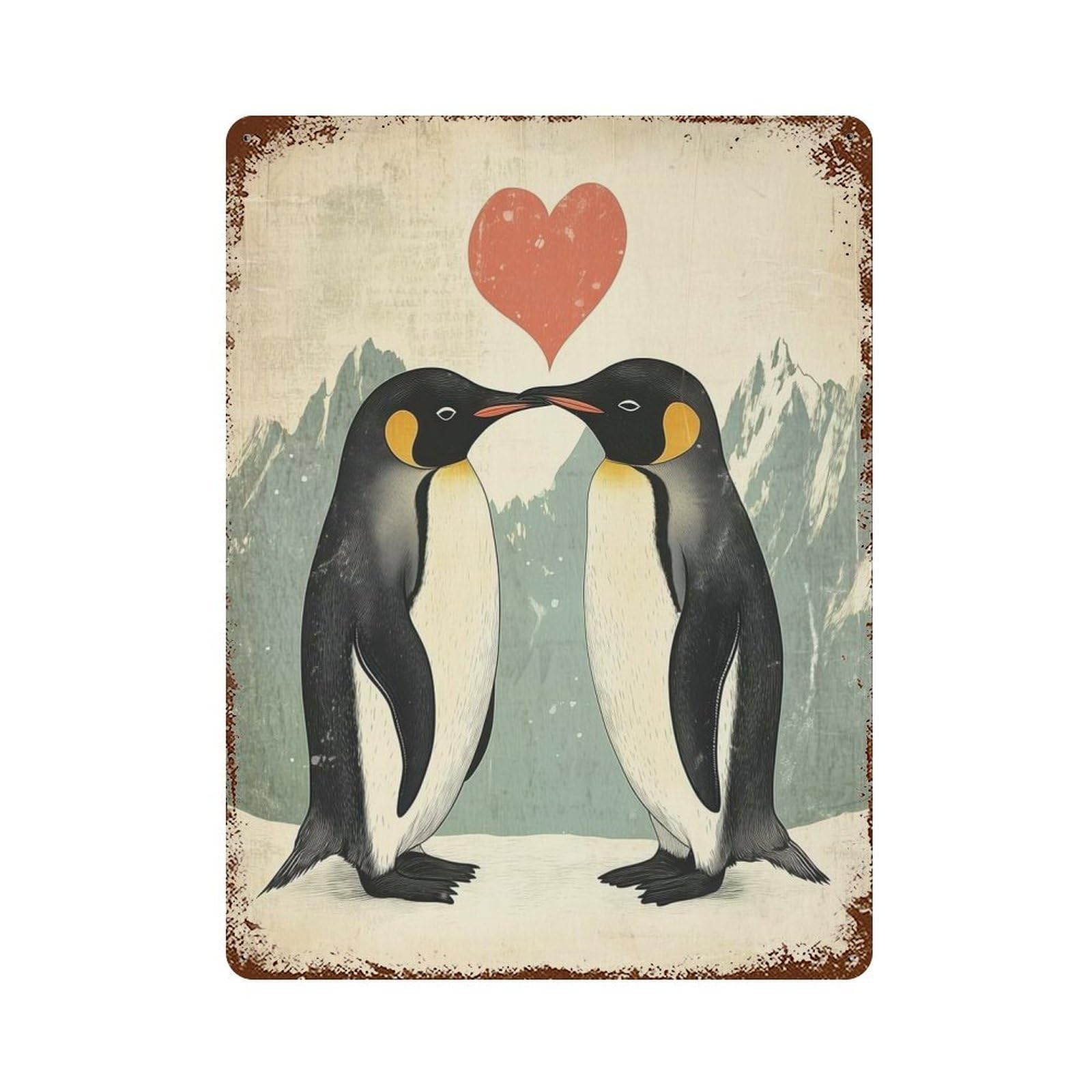Penguin Love Mountain Art Rustic Tin Plaque 15.7"x11.8", Classic Wall Plaque for Garage, Pub Or Kitchen