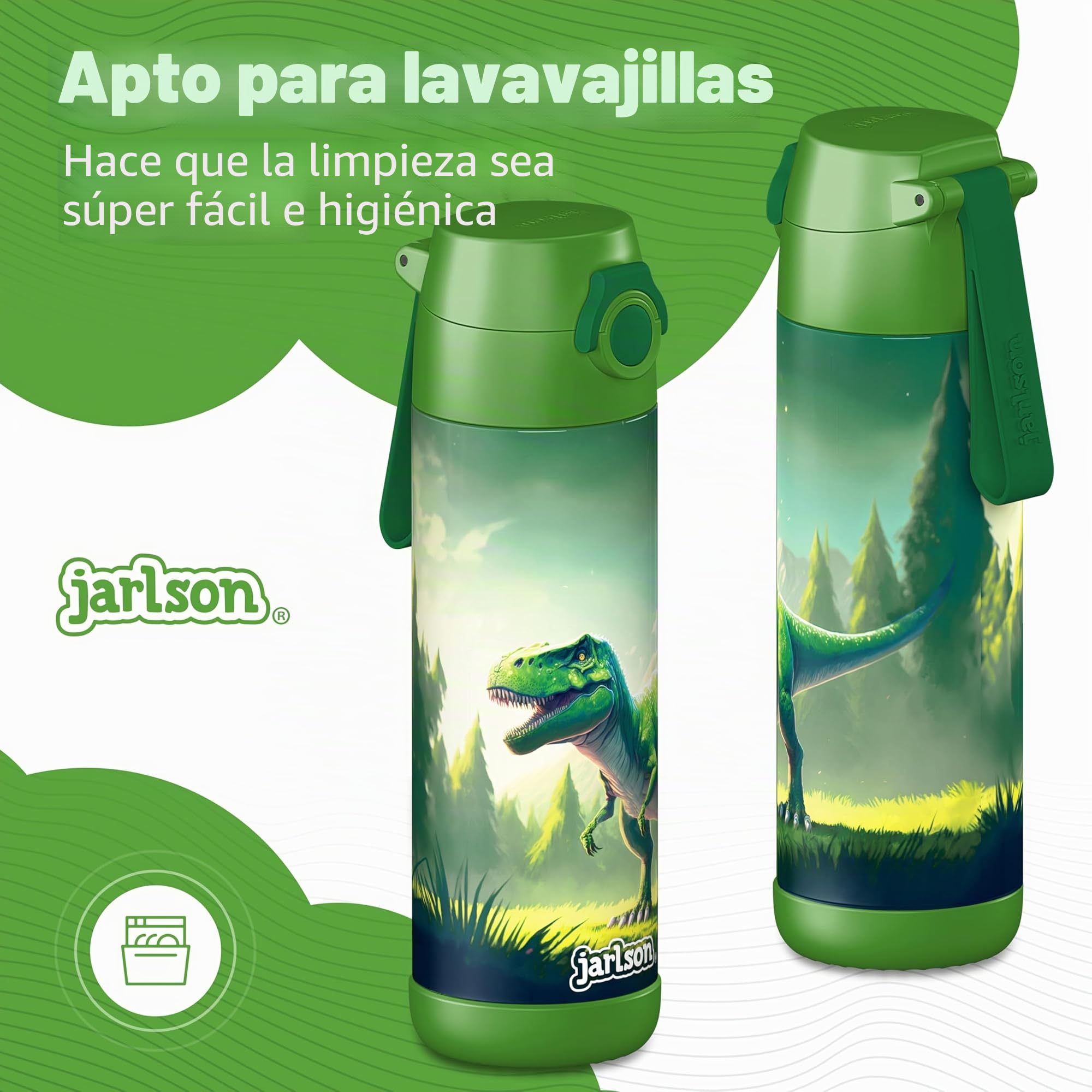 Jarlson® Botella Agua Niños & Niñas MALI [ACERO INOXIDABLE] - Garrafa Térmica Infantil Sin BPA - Water Bottle - Botellas Inox a Prueba de Fugas - Para Escuela & Deportes (500ml Dinosaurio)