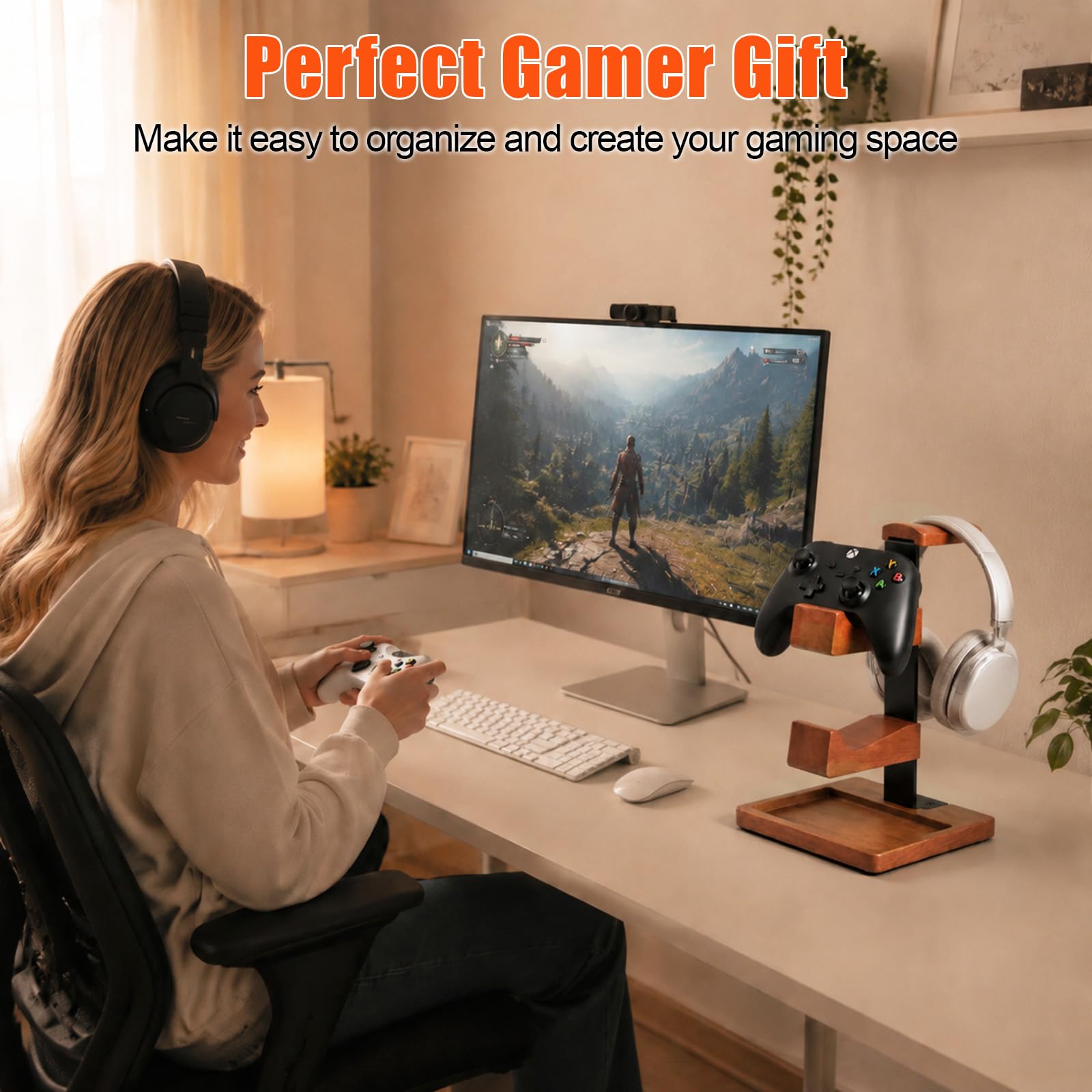 Controller Halter und Kopfhörer Ständer aus Holz, Tisch Headset Halterung mit Aufbewahrungsbasis, Universal Kopfhörerständer Gaming Zubehör